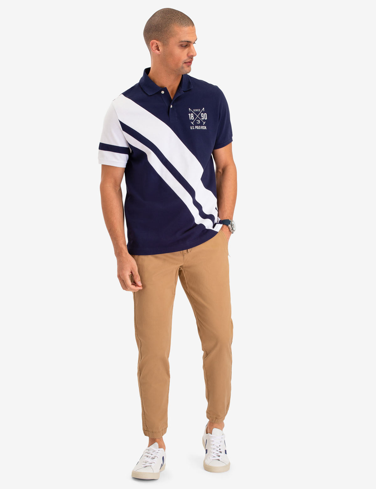 Diagonal Stripe Polo Shirt with Embroidered Logo & Ribbed Cuffs