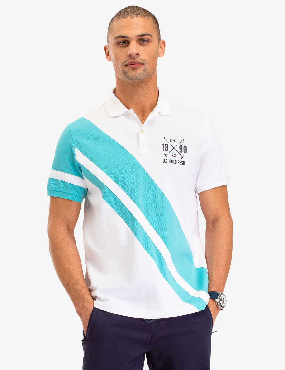 Diagonal Stripe Polo Shirt with Embroidered Logo & Ribbed Cuffs