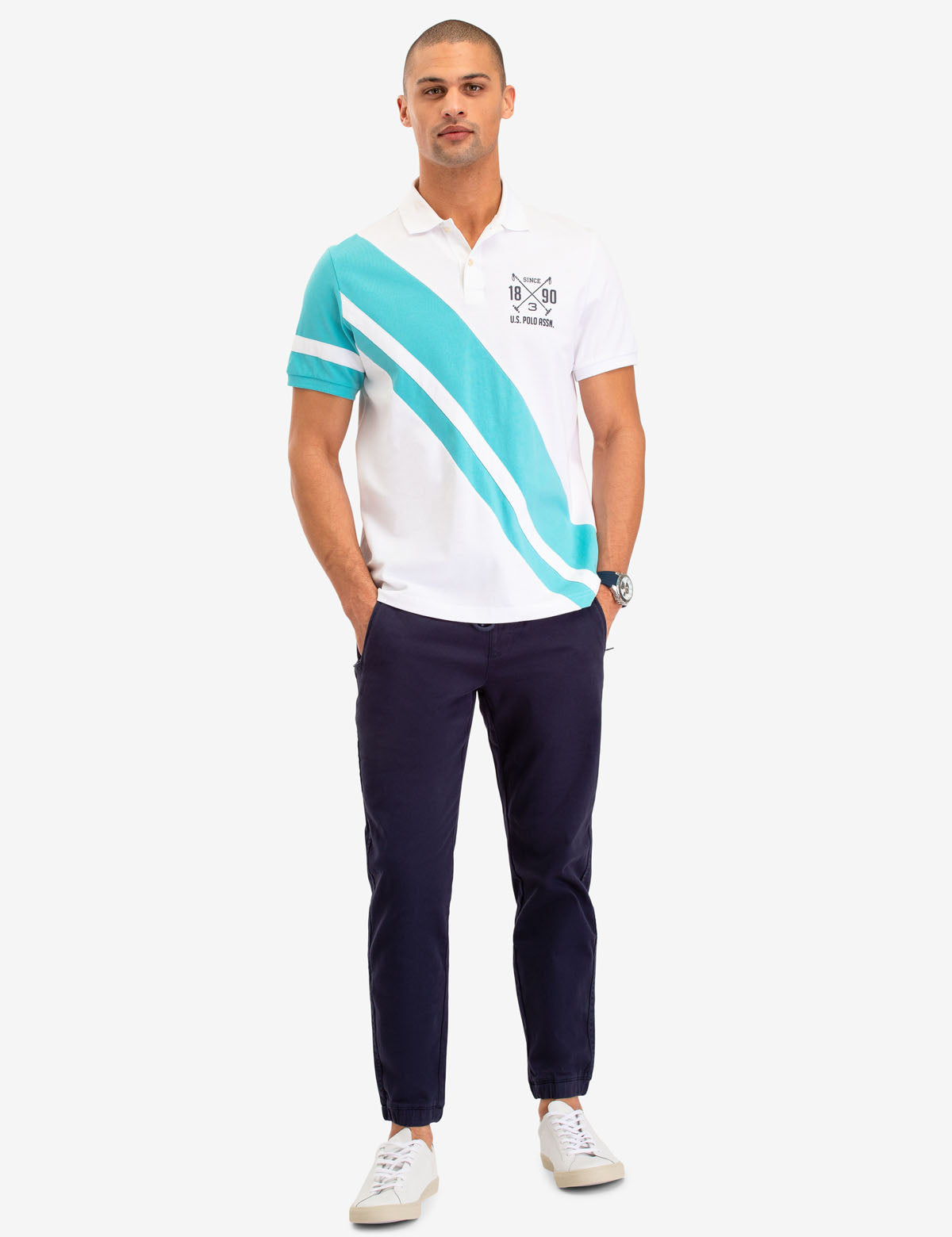 Diagonal Stripe Polo Shirt with Embroidered Logo & Ribbed Cuffs
