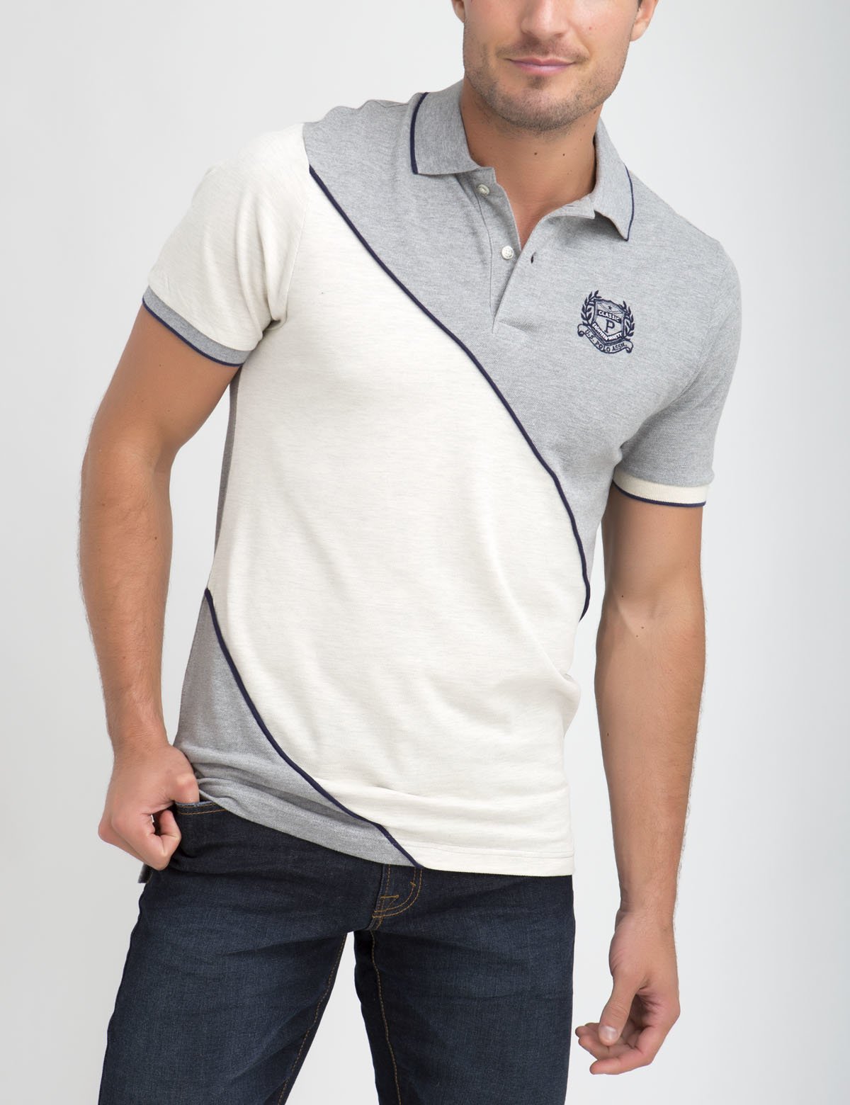 Diagonal Striped Polo Shirt with Rib Collar & Button Placket