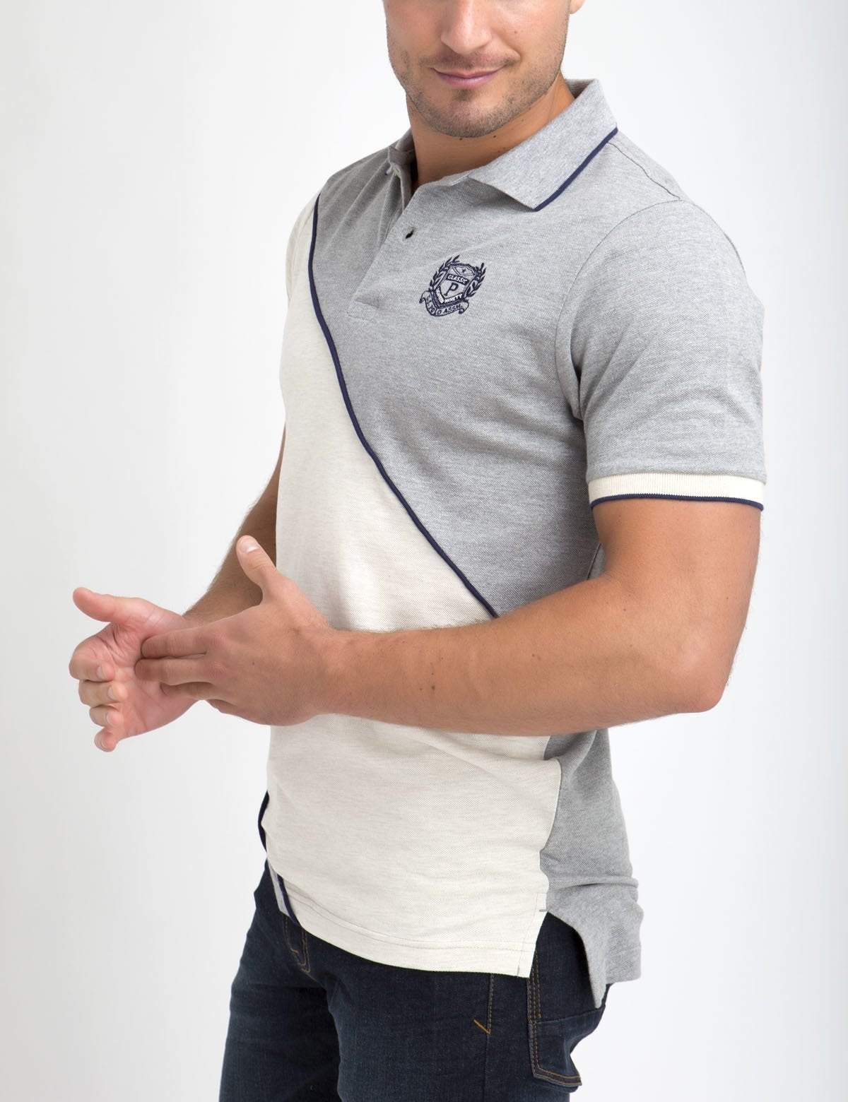 Diagonal Striped Polo Shirt with Rib Collar & Button Placket