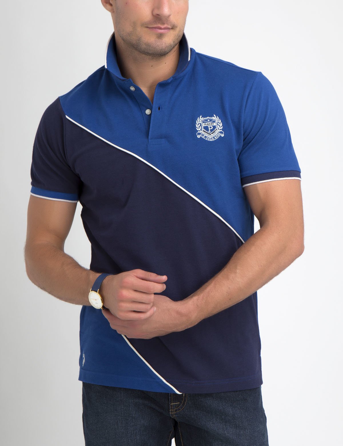 Diagonal Striped Polo Shirt with Rib Collar & Button Placket
