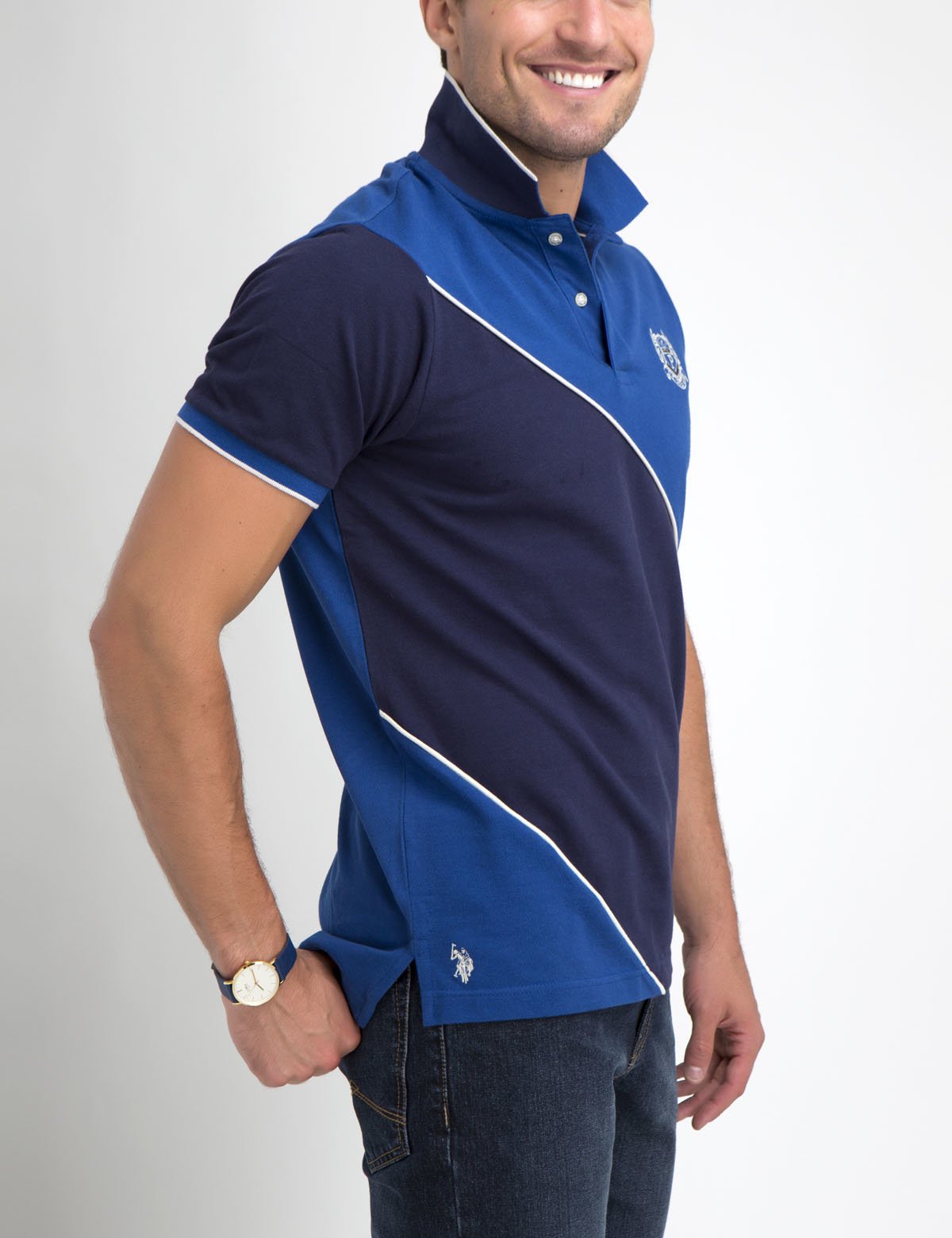 Diagonal Striped Polo Shirt with Rib Collar & Button Placket