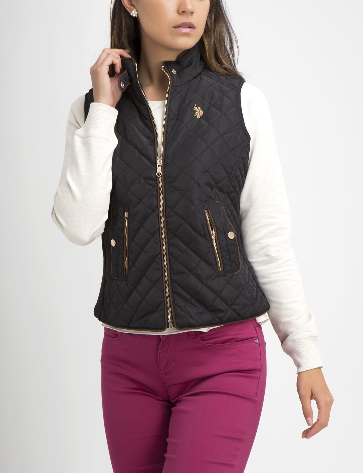 Diamond Quilted Knit Vest with Zip & Side Pockets | Sleeveless