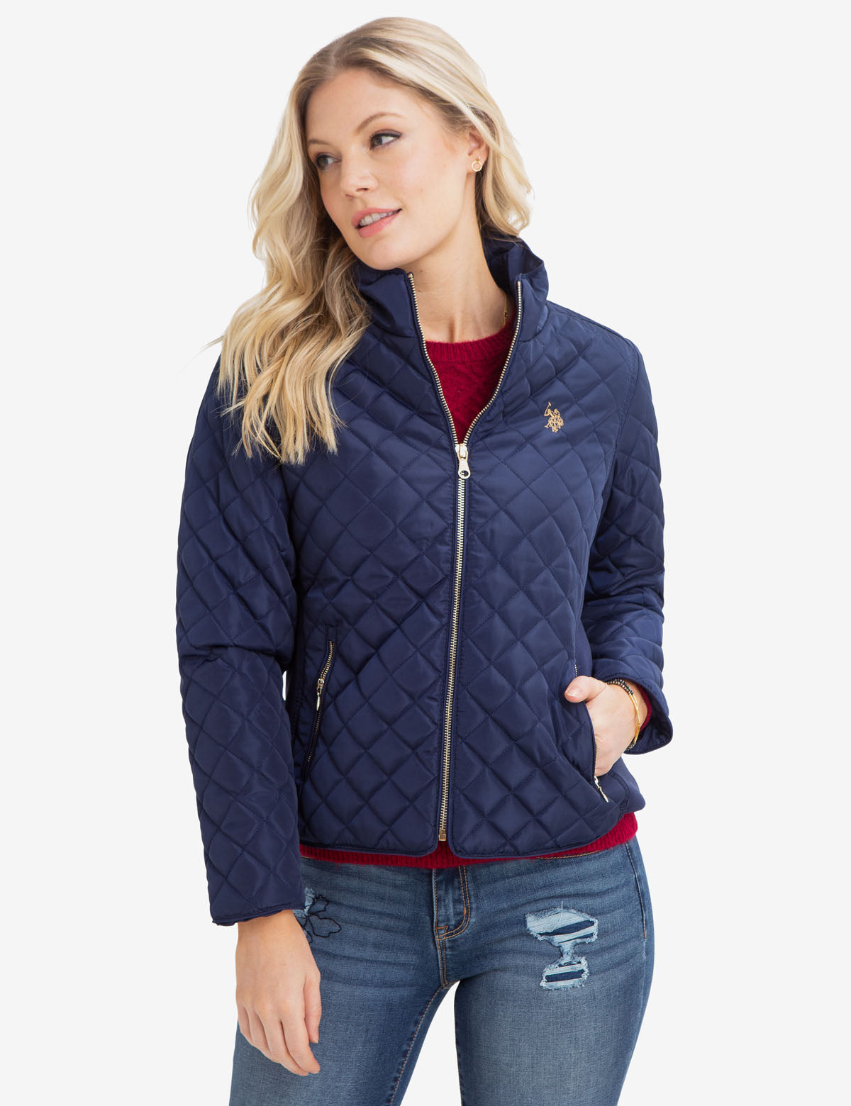 Diamond Quilted Knit Jacket with Side Styling | Small Logo