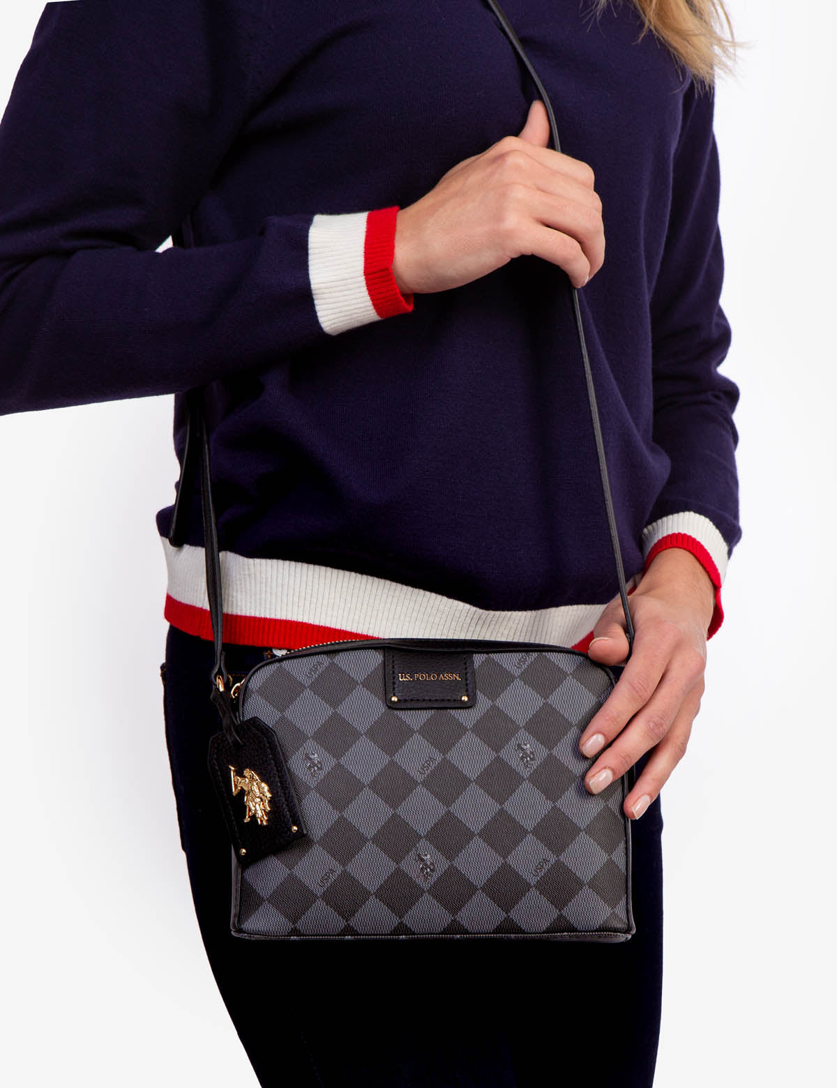 USPA Diamond Crossbody Bag with Adjustable Strap & Zip Pockets | PU Leather