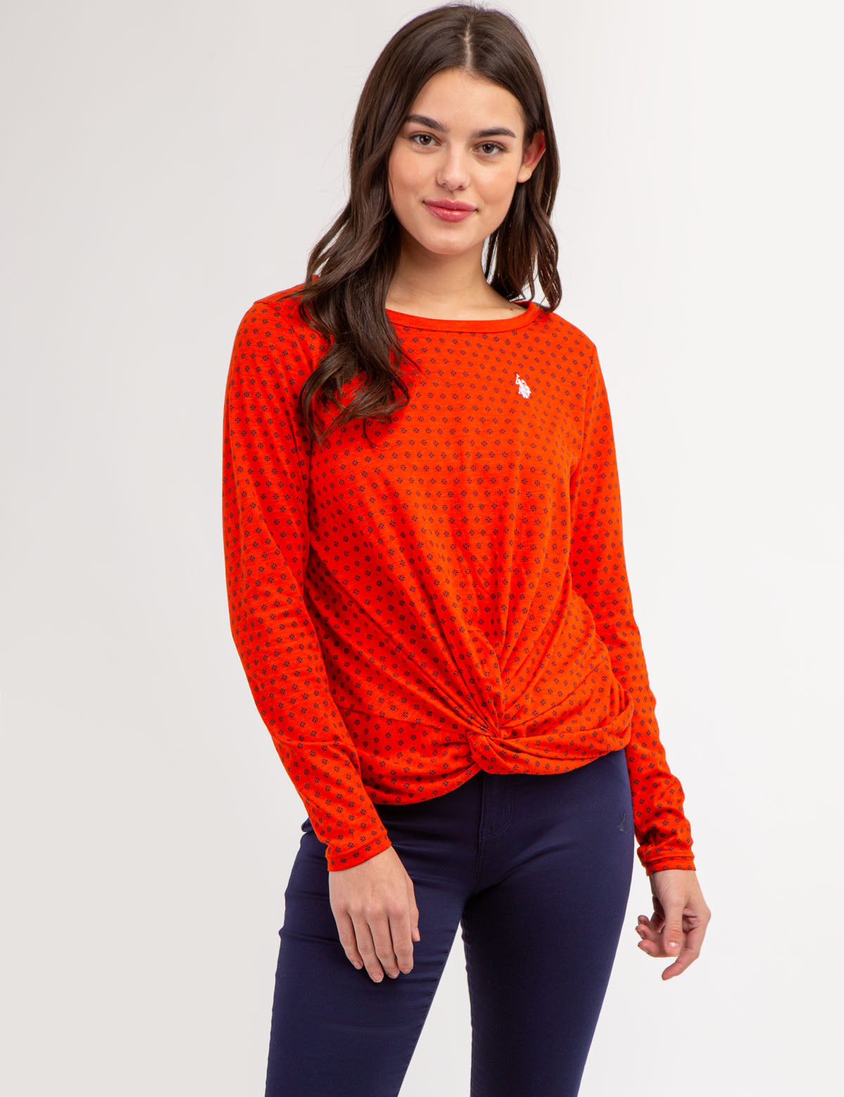 Long Sleeve Twist Front Top with Ditsy Print | Casual Women's Blouse