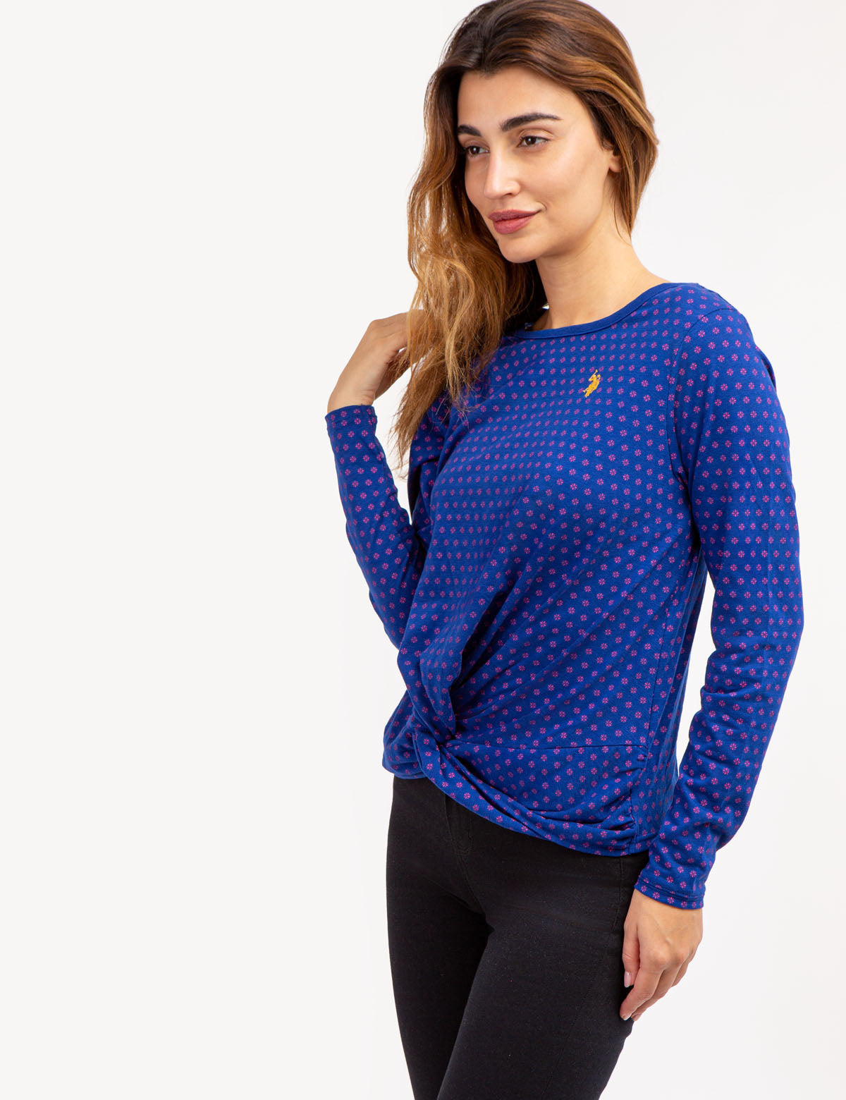 Long Sleeve Twist Front Top with Ditsy Print | Casual Women's Blouse