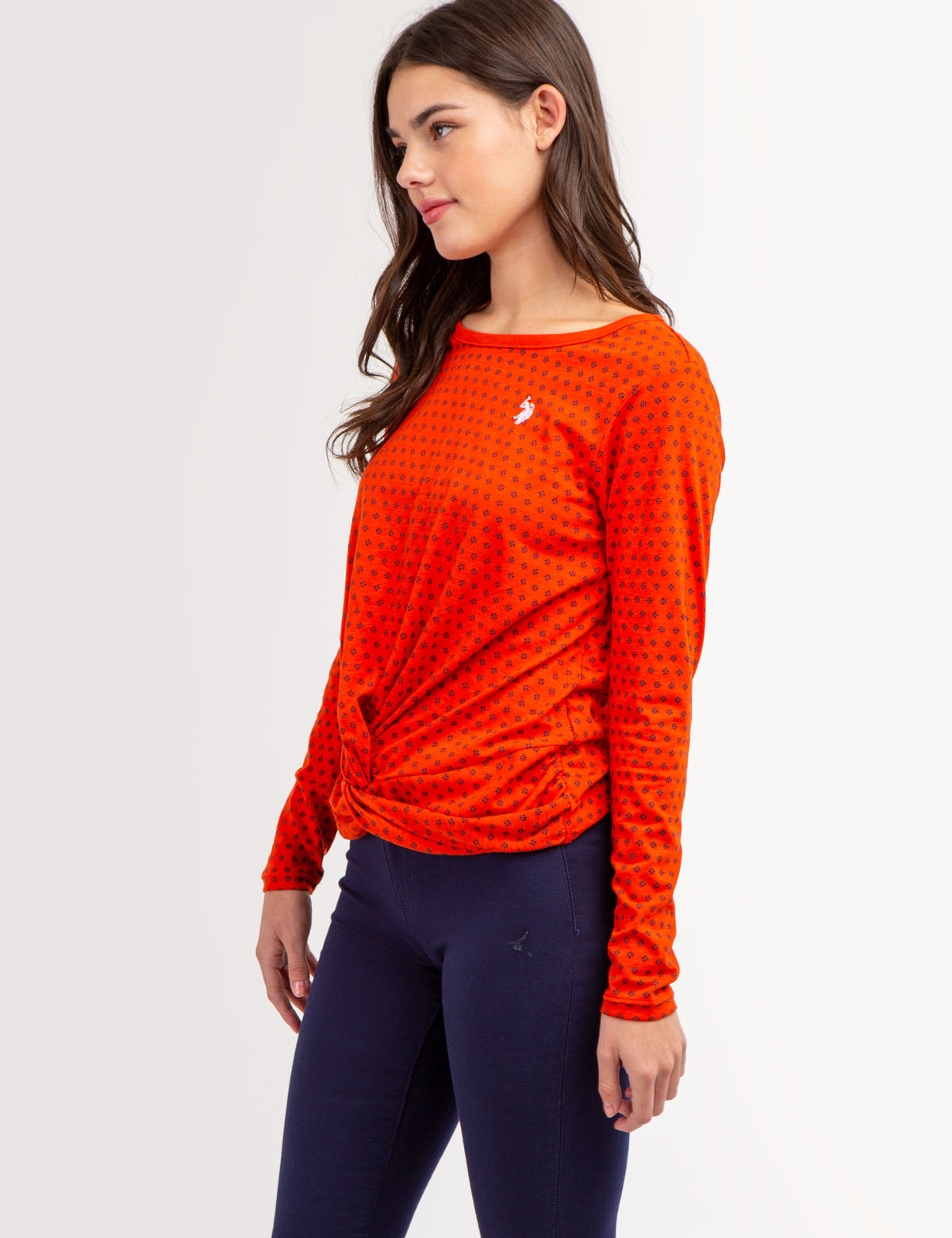 Long Sleeve Twist Front Top with Ditsy Print | Casual Women's Blouse