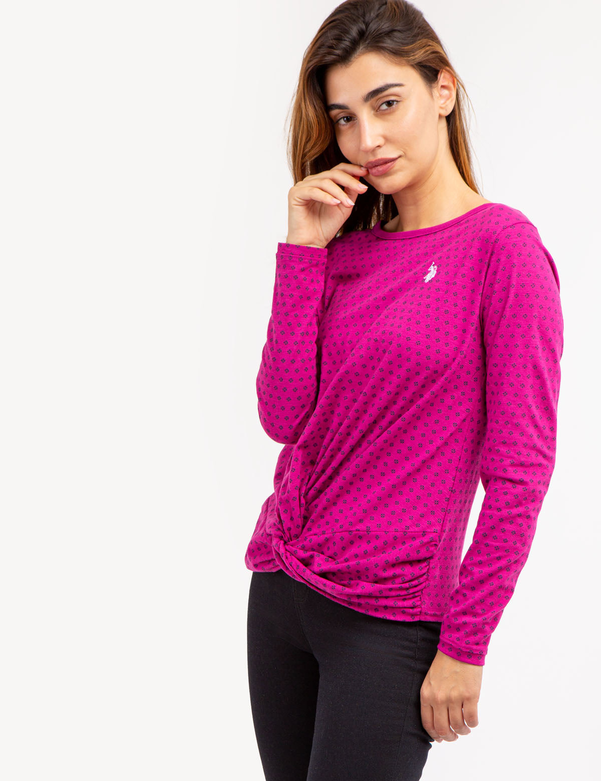 Long Sleeve Twist Front Top with Ditsy Print | Casual Women's Blouse