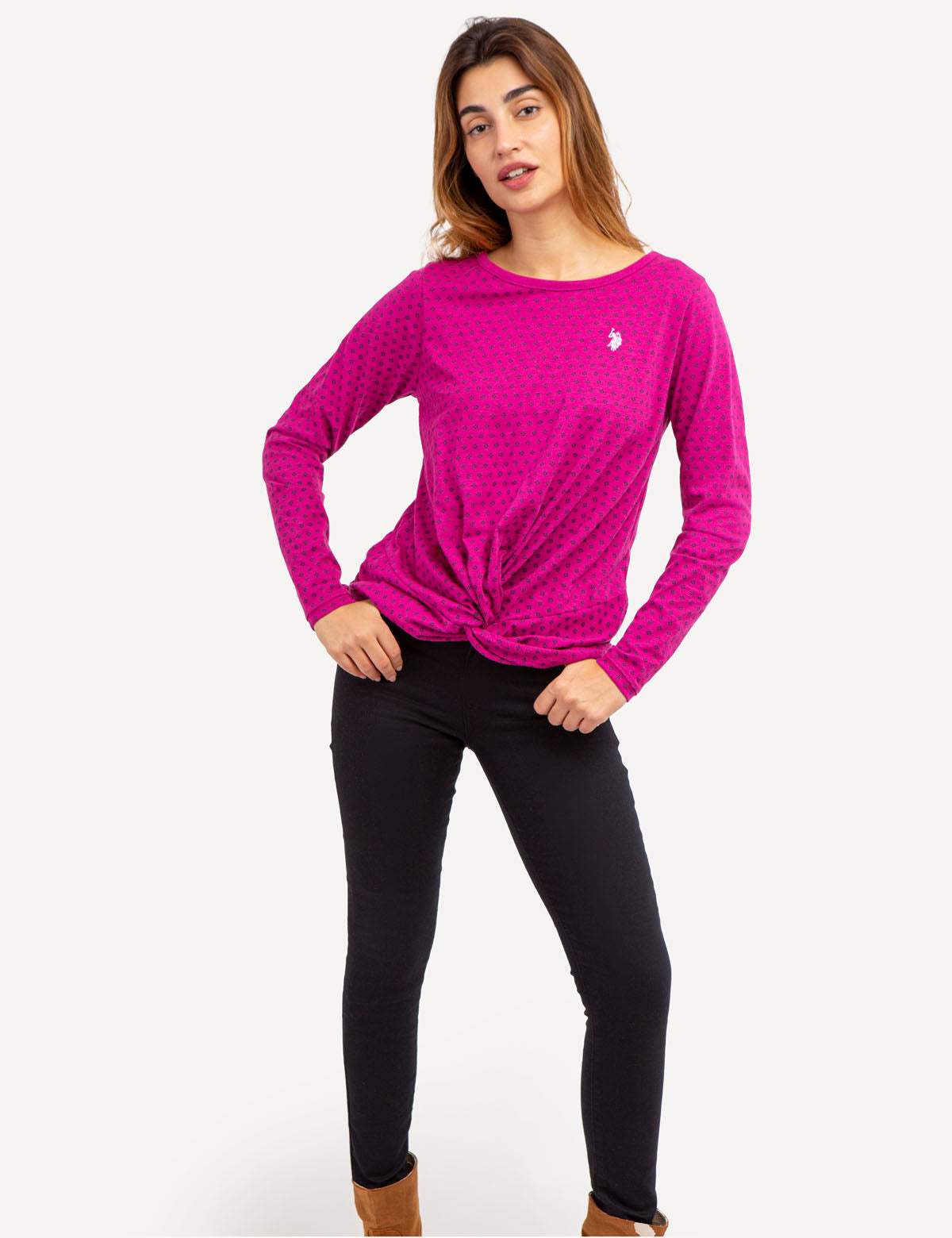 Long Sleeve Twist Front Top with Ditsy Print | Casual Women's Blouse