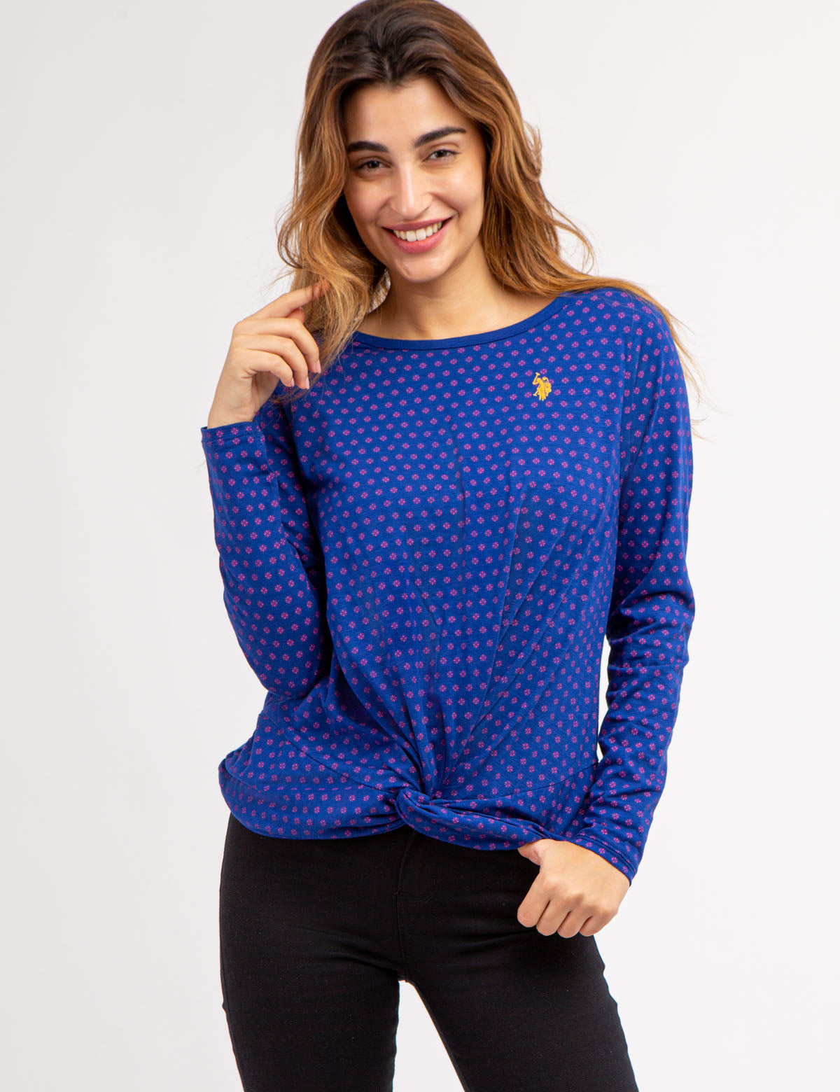 Long Sleeve Twist Front Top with Ditsy Print | Casual Women's Blouse