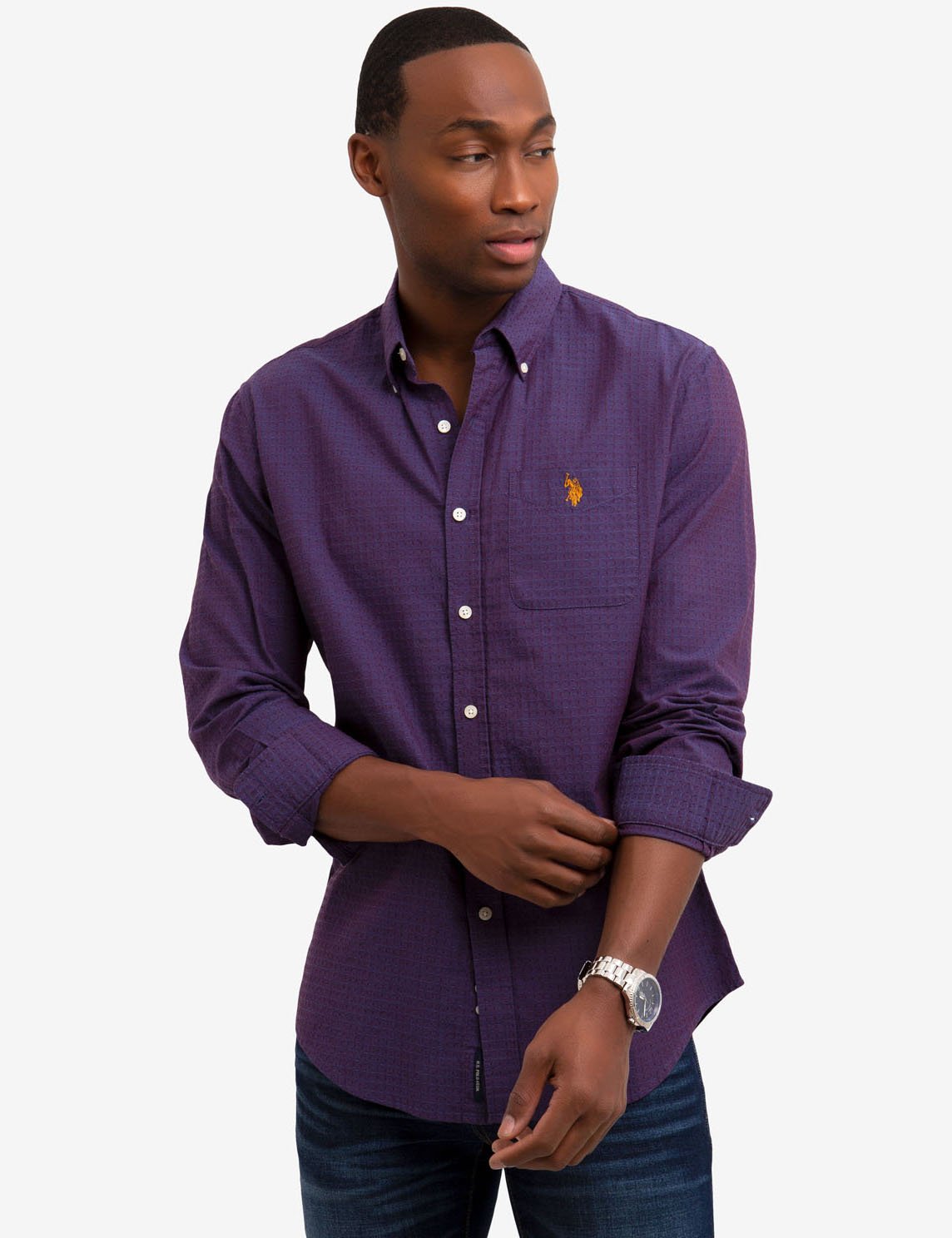 Long Sleeve Cotton-Polyester Shirt with Embroidered Logo | Dobby Dot