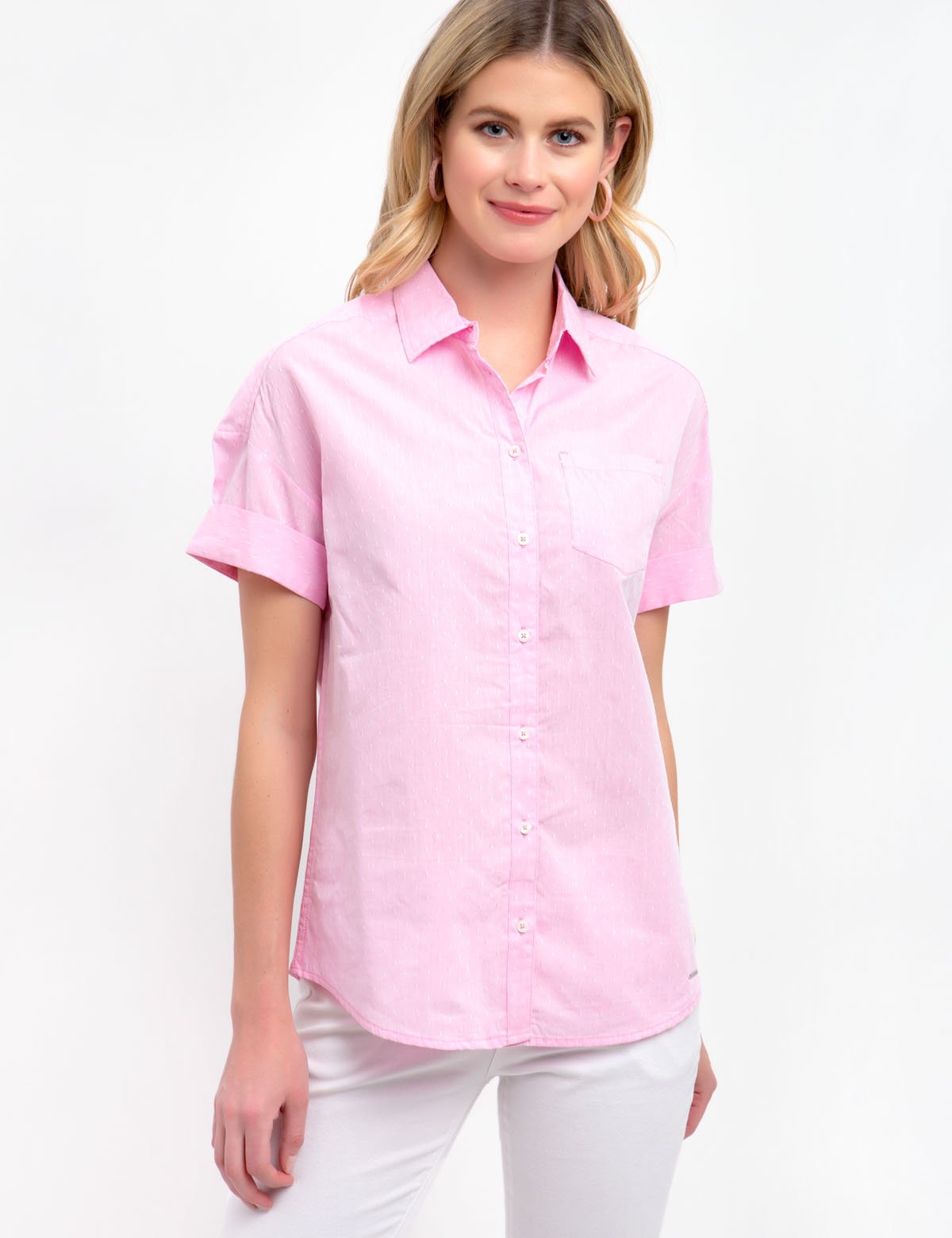 Dot Button Front Shirt with Rolled Sleeves & Pocket | Casual Wear