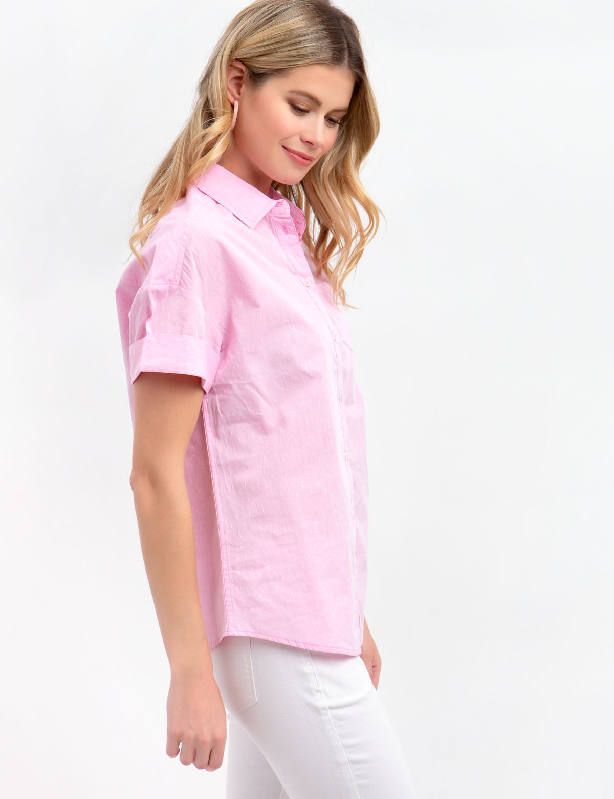 Dot Button Front Shirt with Rolled Sleeves & Pocket | Casual Wear