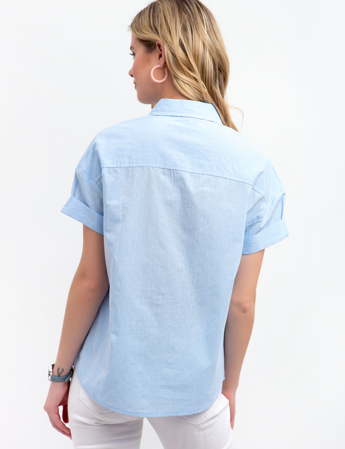 Dot Button Front Shirt with Rolled Sleeves & Pocket | Casual Wear