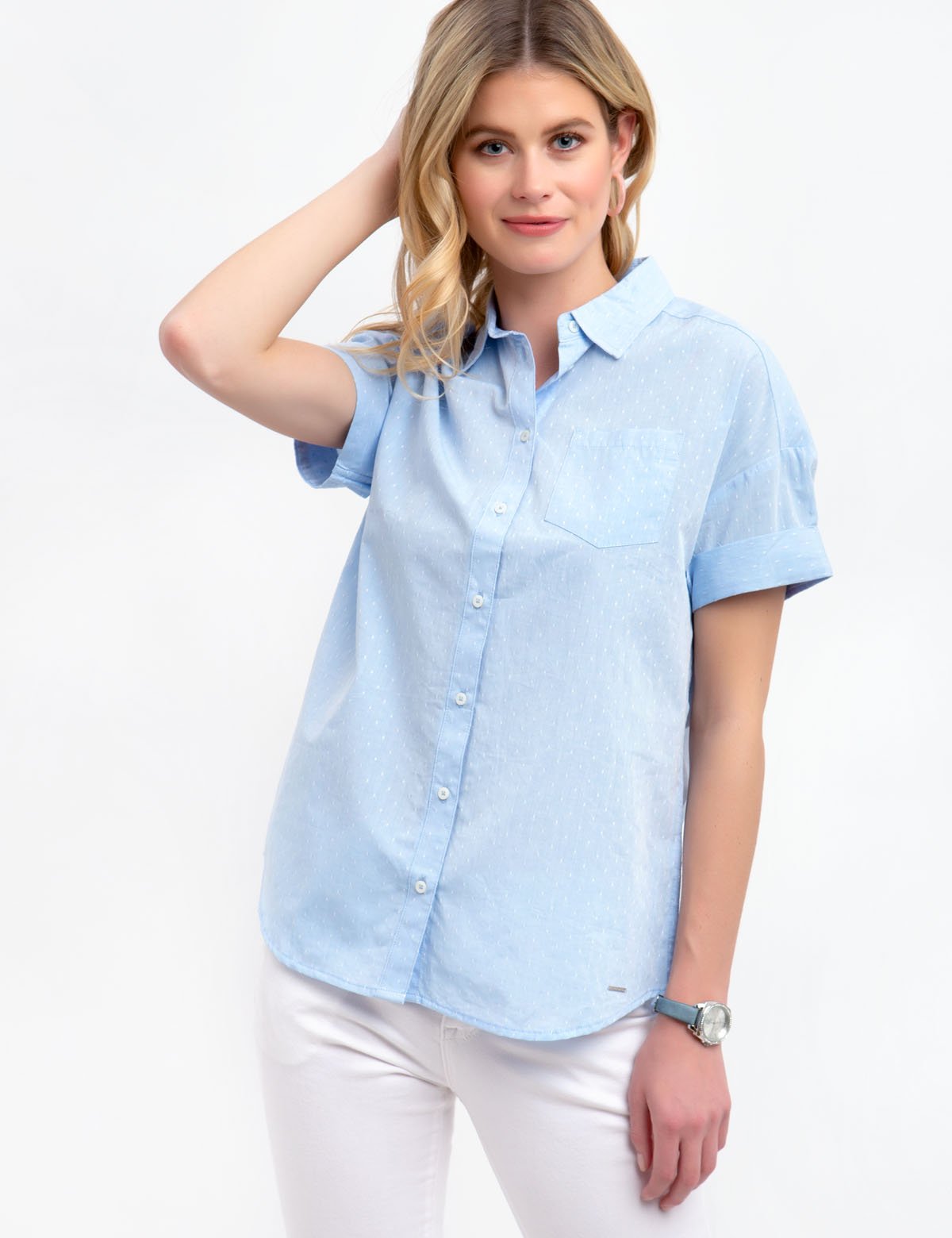 Dot Button Front Shirt with Rolled Sleeves & Pocket | Casual Wear
