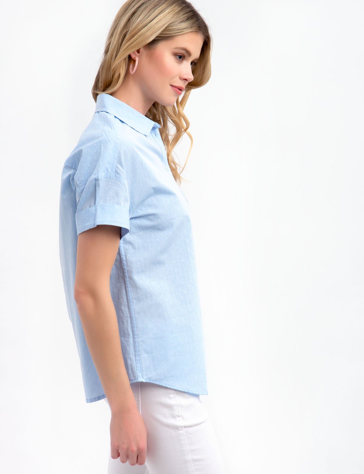 Dot Button Front Shirt with Rolled Sleeves & Pocket | Casual Wear