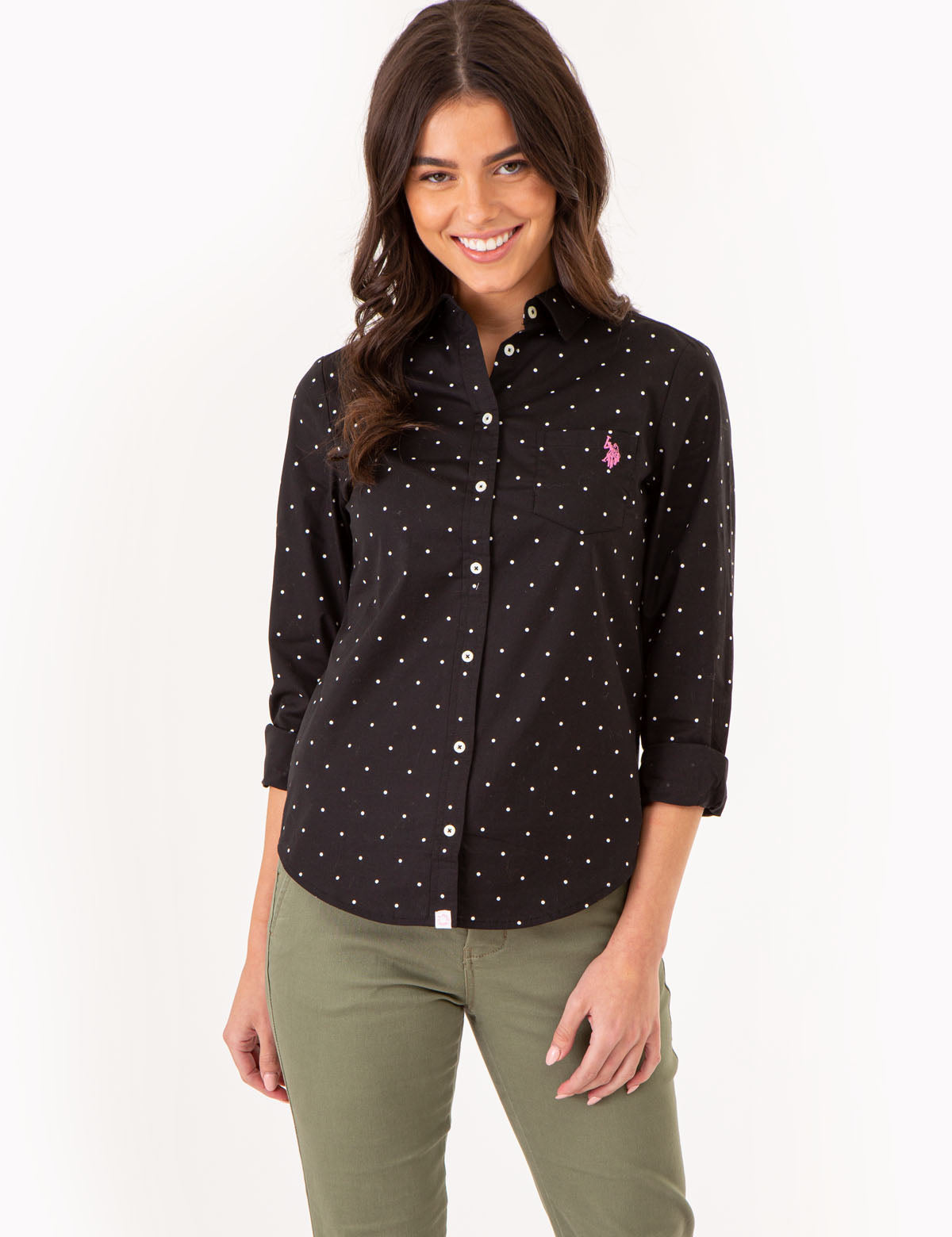 Dot Print Long Sleeve Shirt | Classic Poplin with Chest Pocket