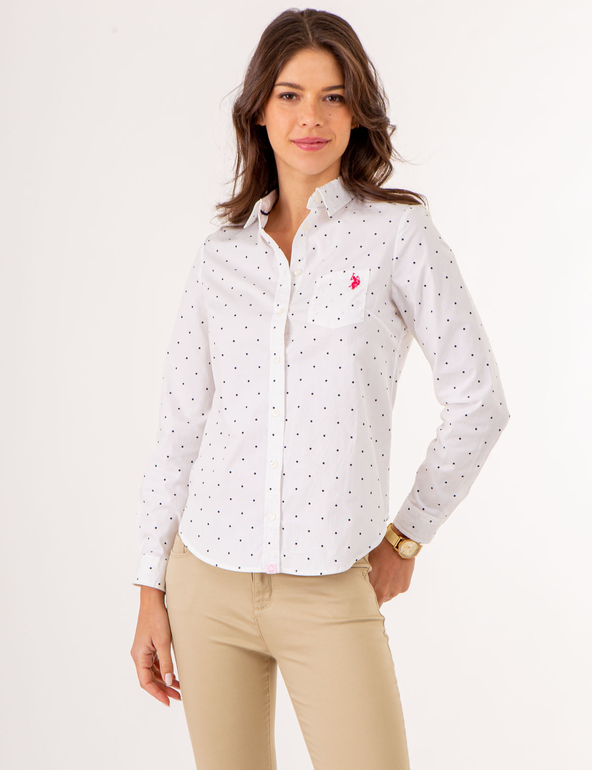 Dot Print Long Sleeve Shirt | Classic Poplin with Chest Pocket