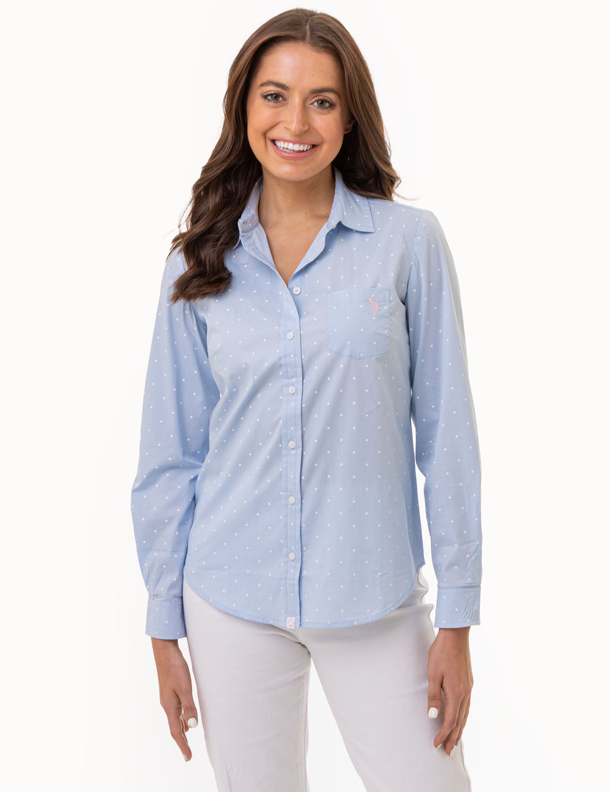 Dot Print Long Sleeve Shirt | Classic Poplin with Chest Pocket
