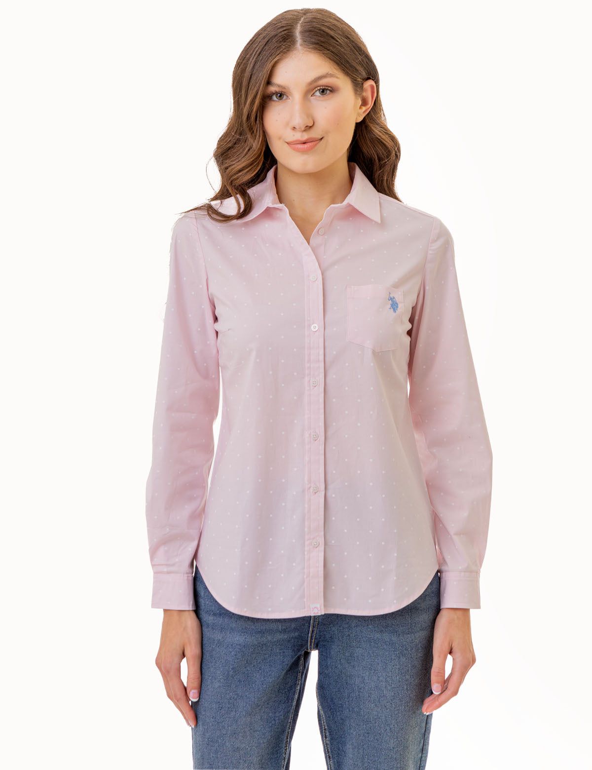 Dot Print Long Sleeve Shirt | Classic Poplin with Chest Pocket