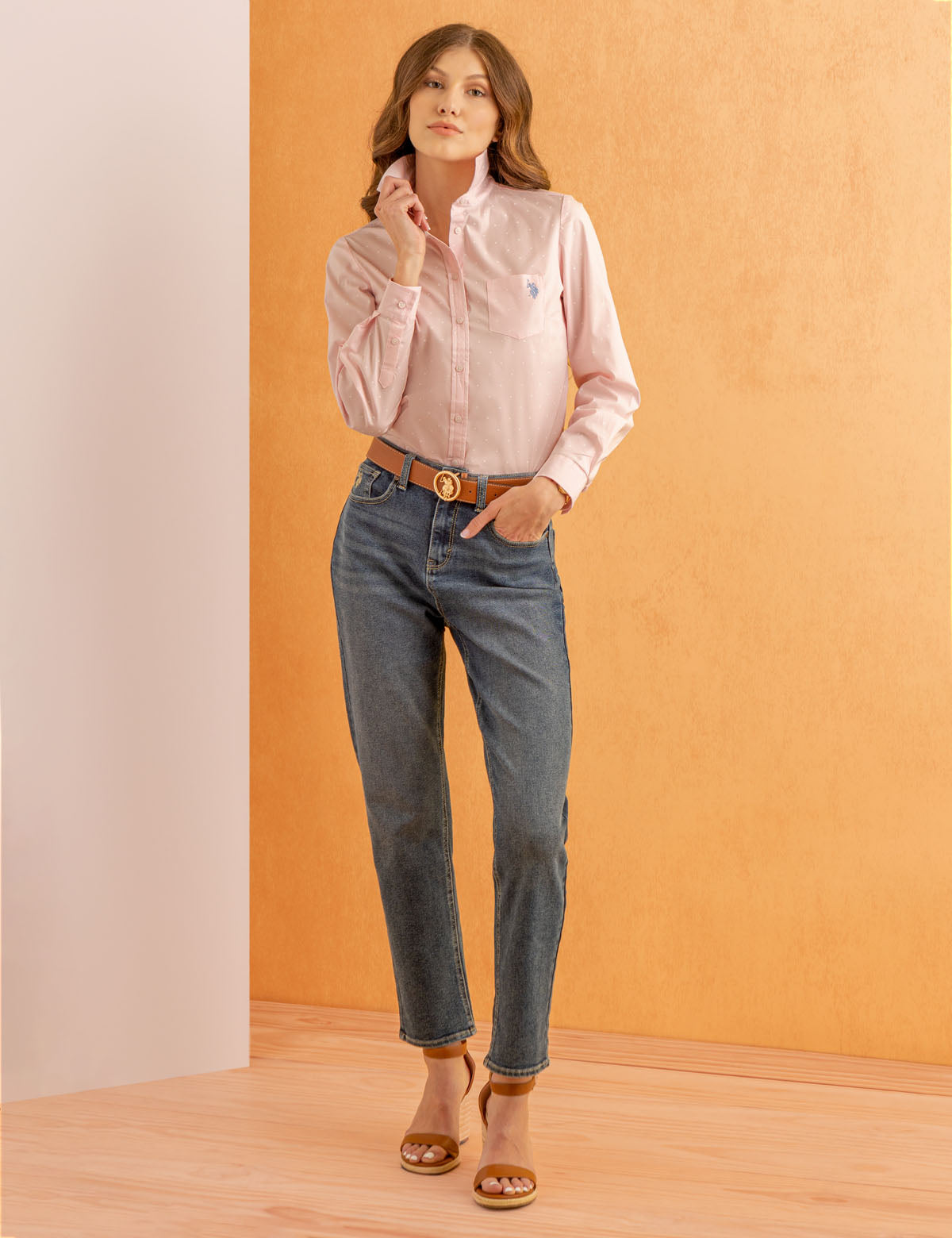 Dot Print Long Sleeve Shirt | Classic Poplin with Chest Pocket
