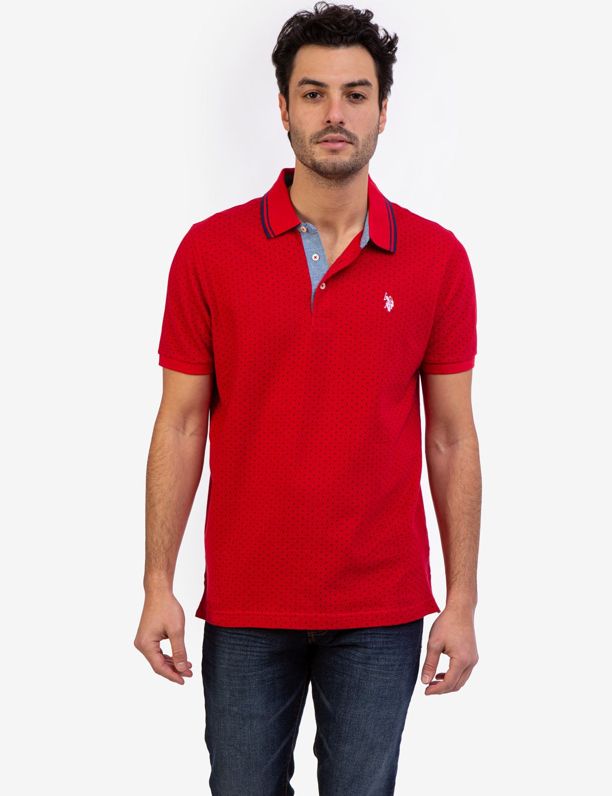 Dot Print Polo Shirt with Vented Sides & Embroidered Logo