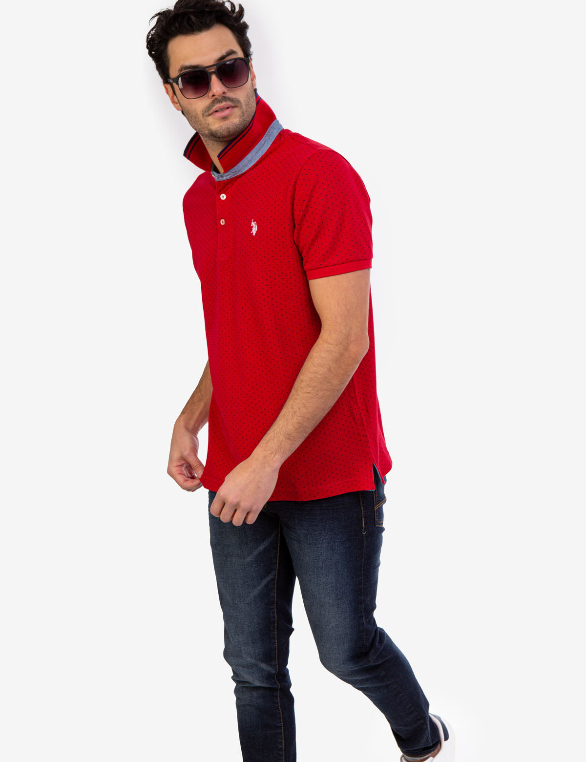 Dot Print Polo Shirt with Vented Sides & Embroidered Logo