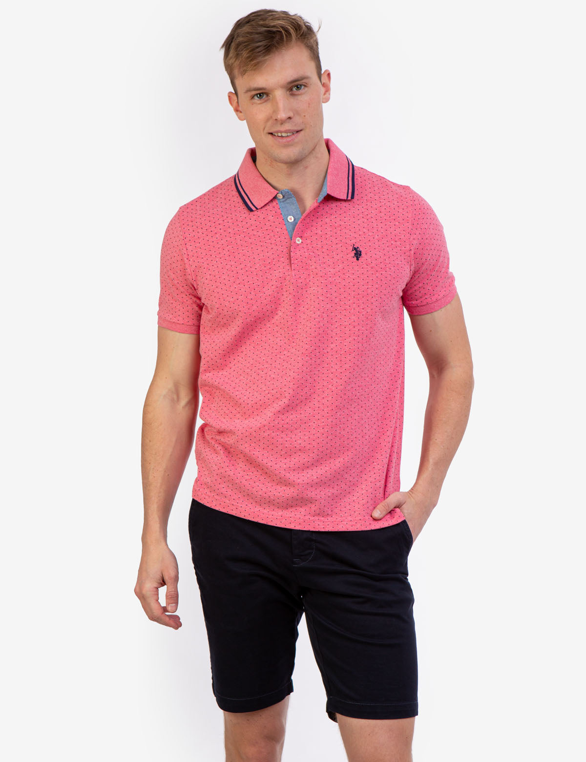 Dot Print Polo Shirt with Vented Sides & Embroidered Logo