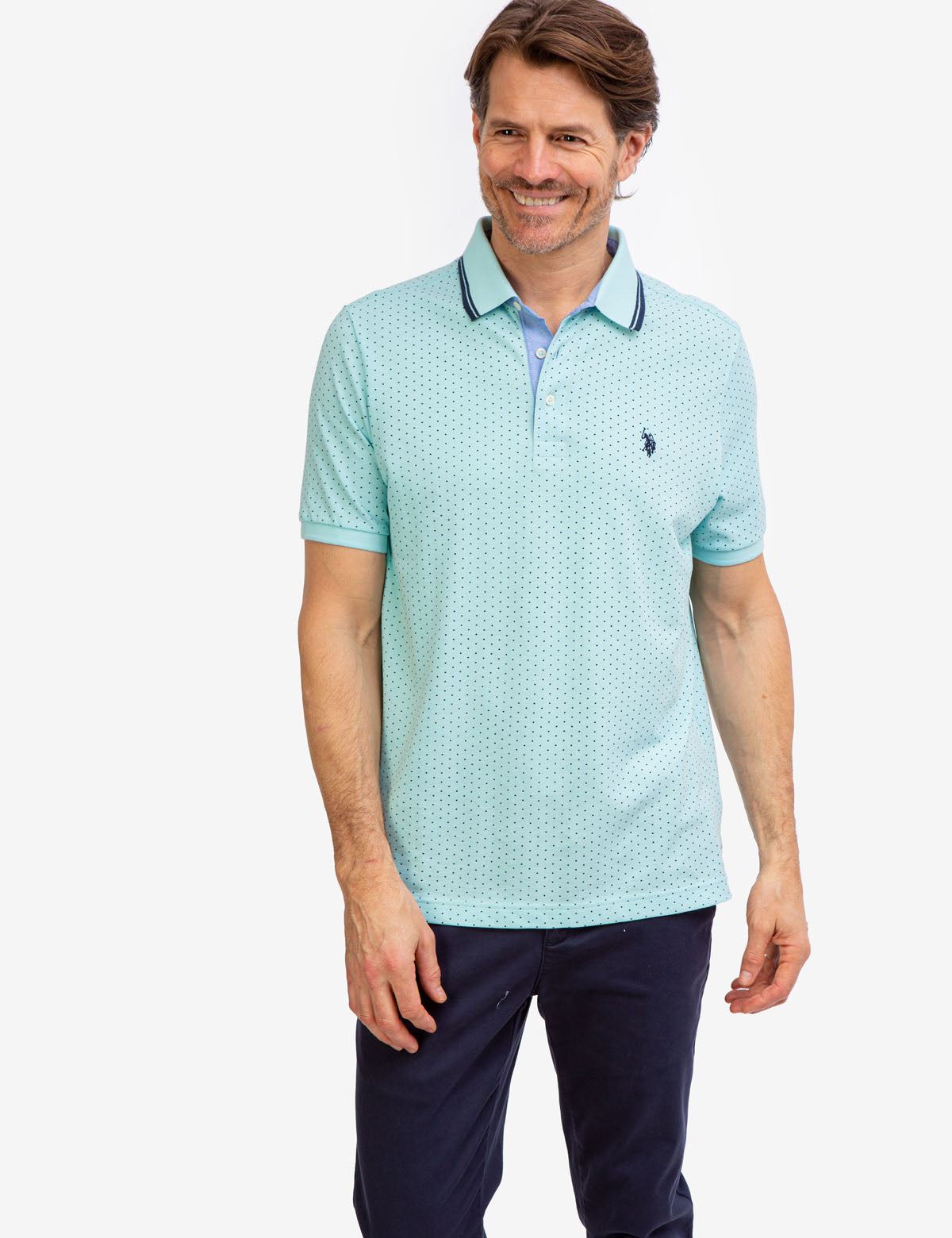 Dot Print Polo Shirt with Vented Sides & Embroidered Logo