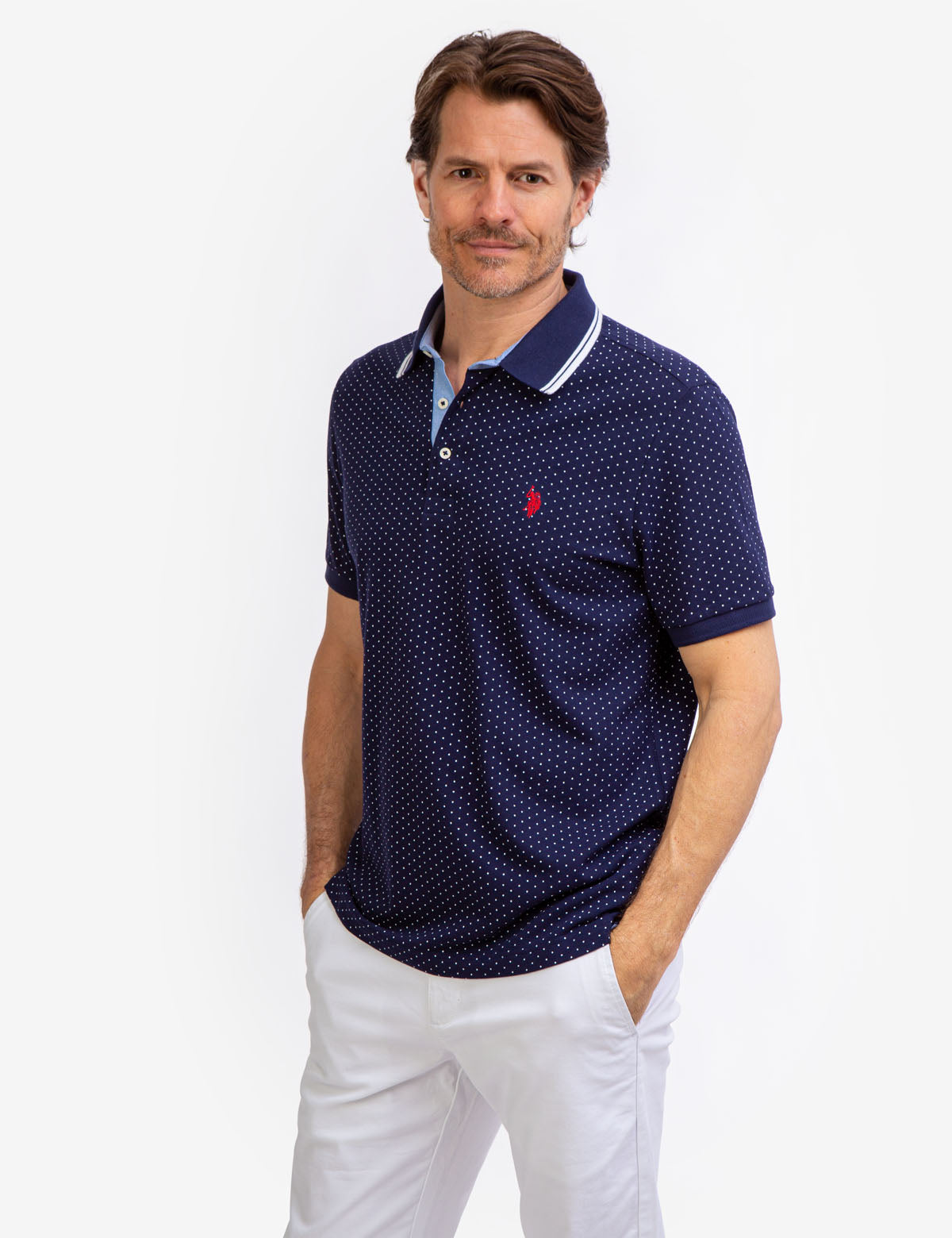 Dot Print Polo Shirt with Vented Sides & Embroidered Logo