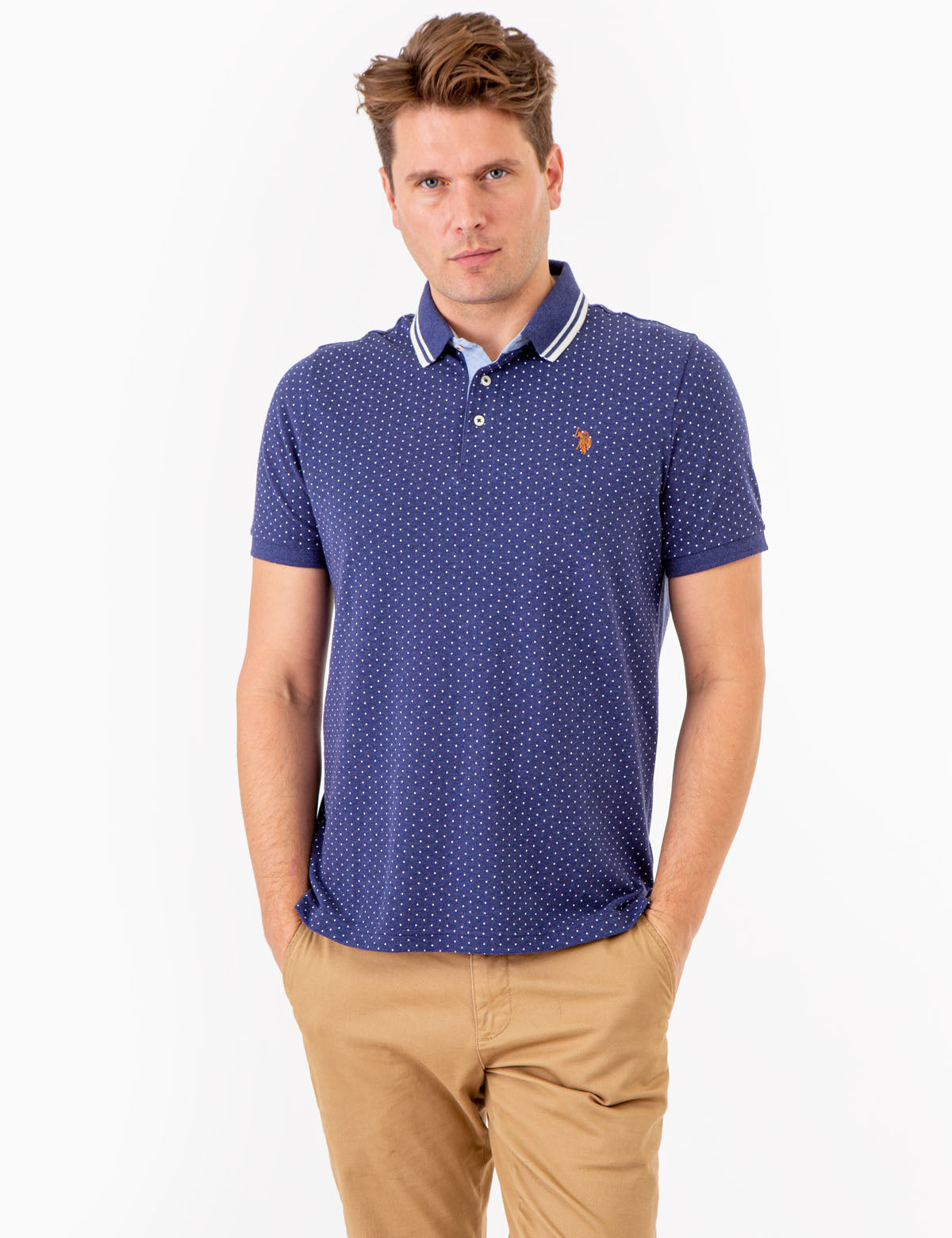 Dot Print Polo Shirt with Vented Sides & Embroidered Logo