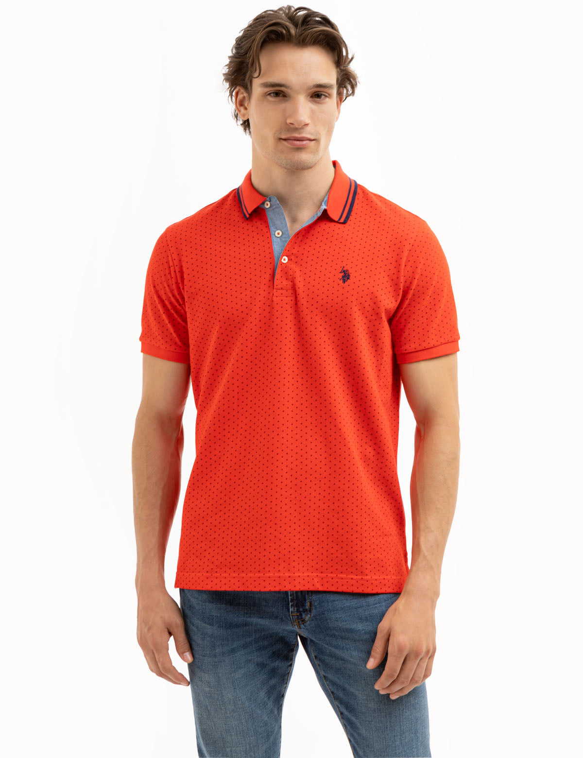Dot Print Polo Shirt with Vented Sides & Embroidered Logo