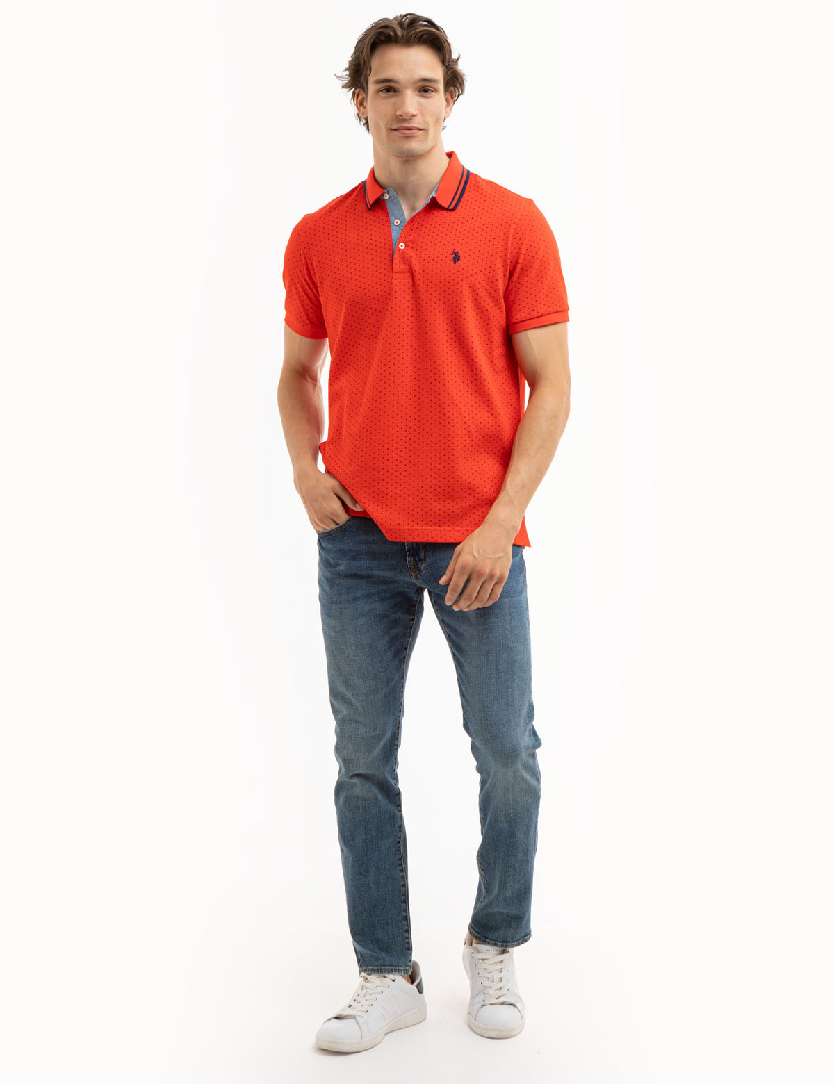 Dot Print Polo Shirt with Vented Sides & Embroidered Logo