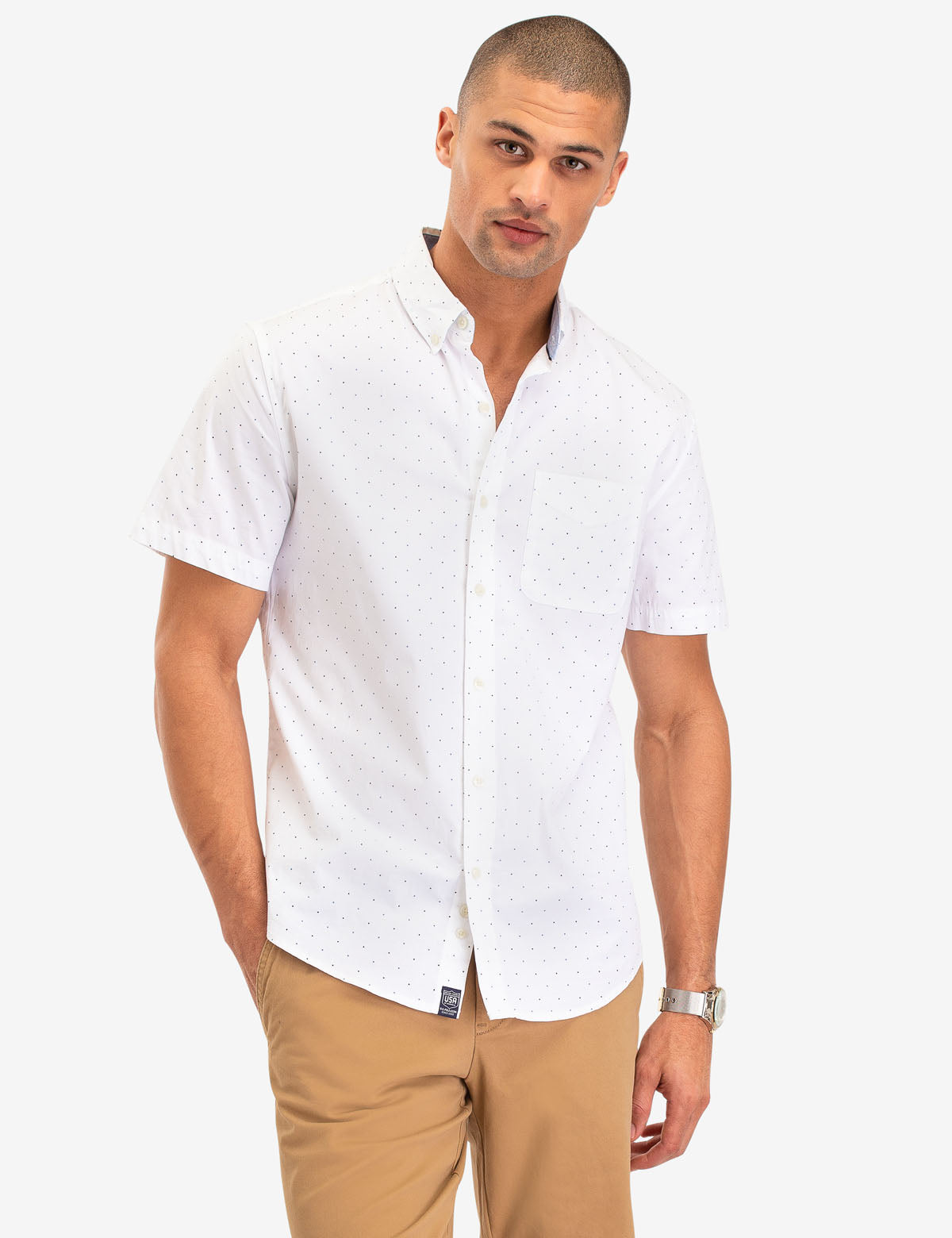 Dot Print Cotton Short Sleeve Shirt with Front Pocket | Casual Wear