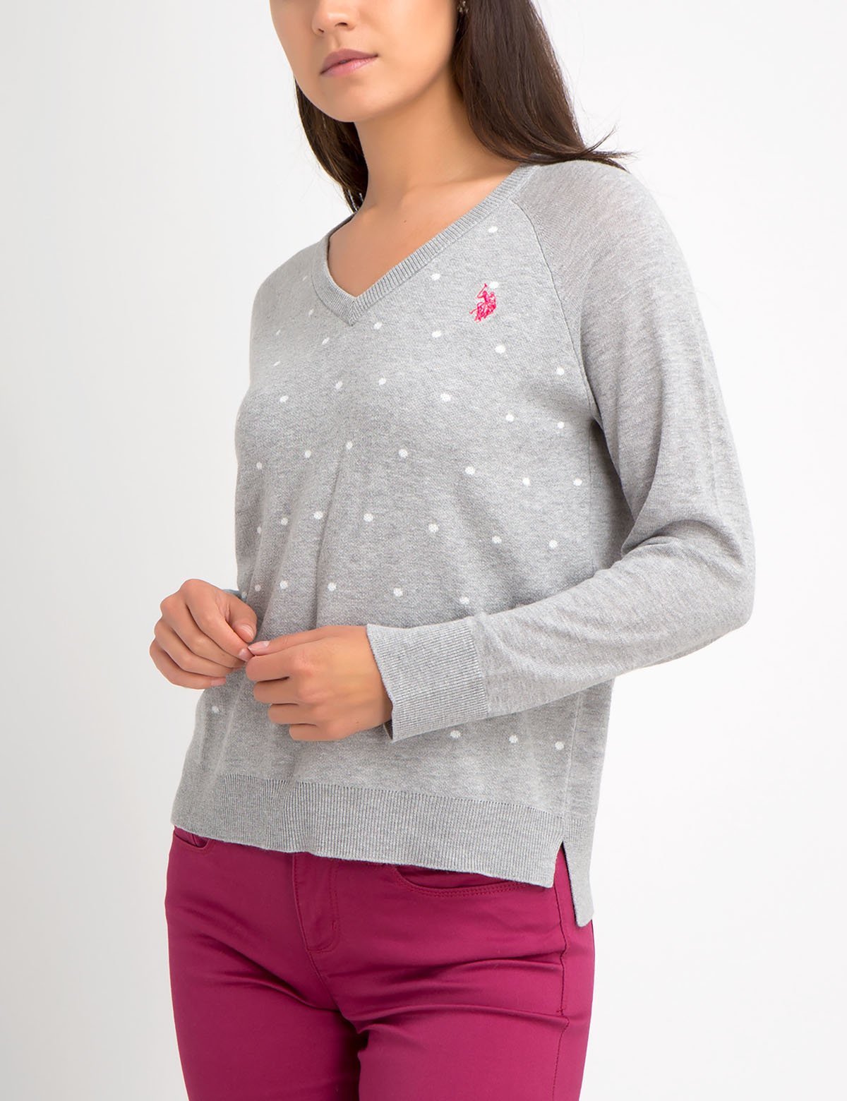 Dot Print Sweater | V-Neck Knit with Allover Dots | 100% Acrylic