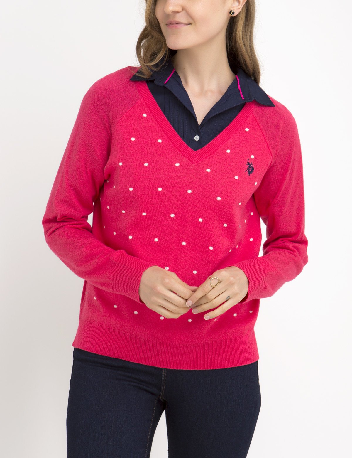 Dot Print Sweater | V-Neck Knit with Allover Dots | 100% Acrylic