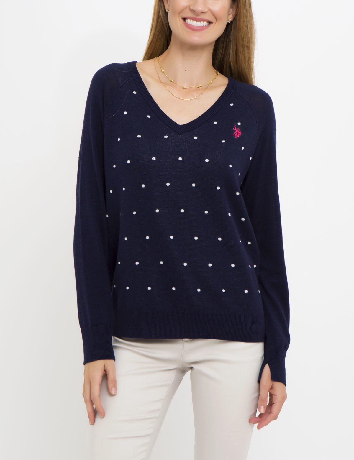 Dot Print Sweater | V-Neck Knit with Allover Dots | 100% Acrylic