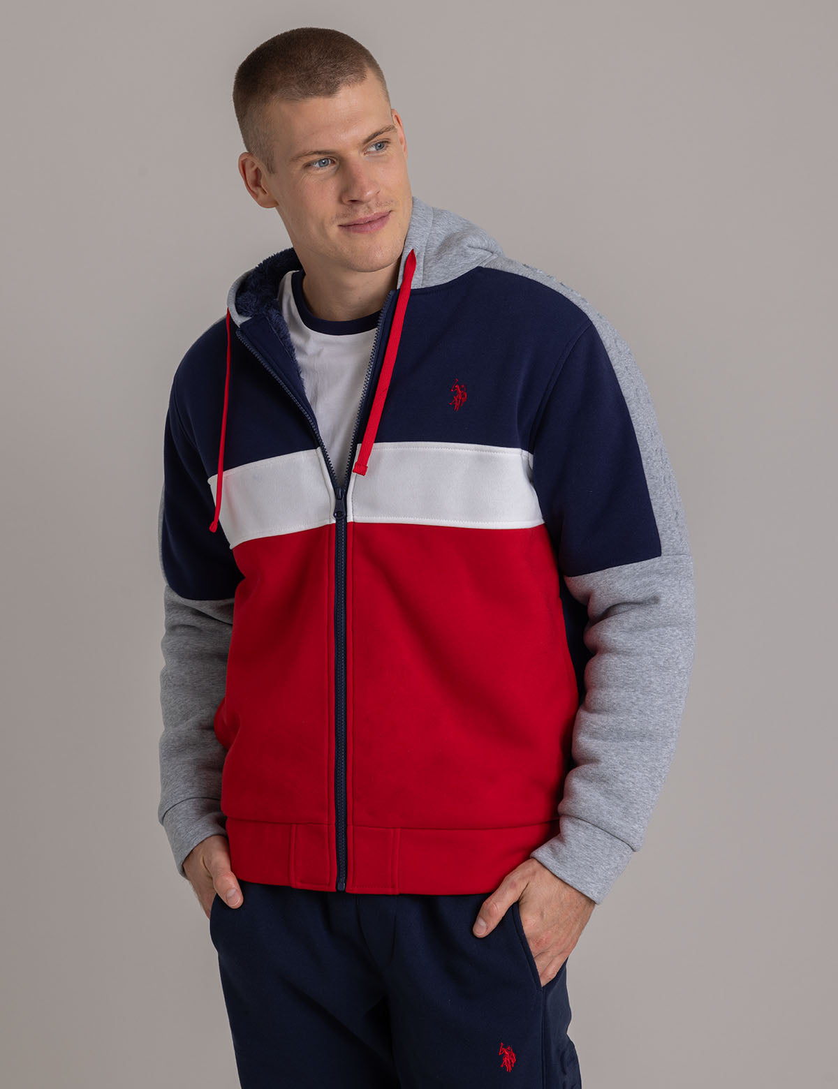 Colorblock Sherpa Hoodie with Embossed Shoulder Detail