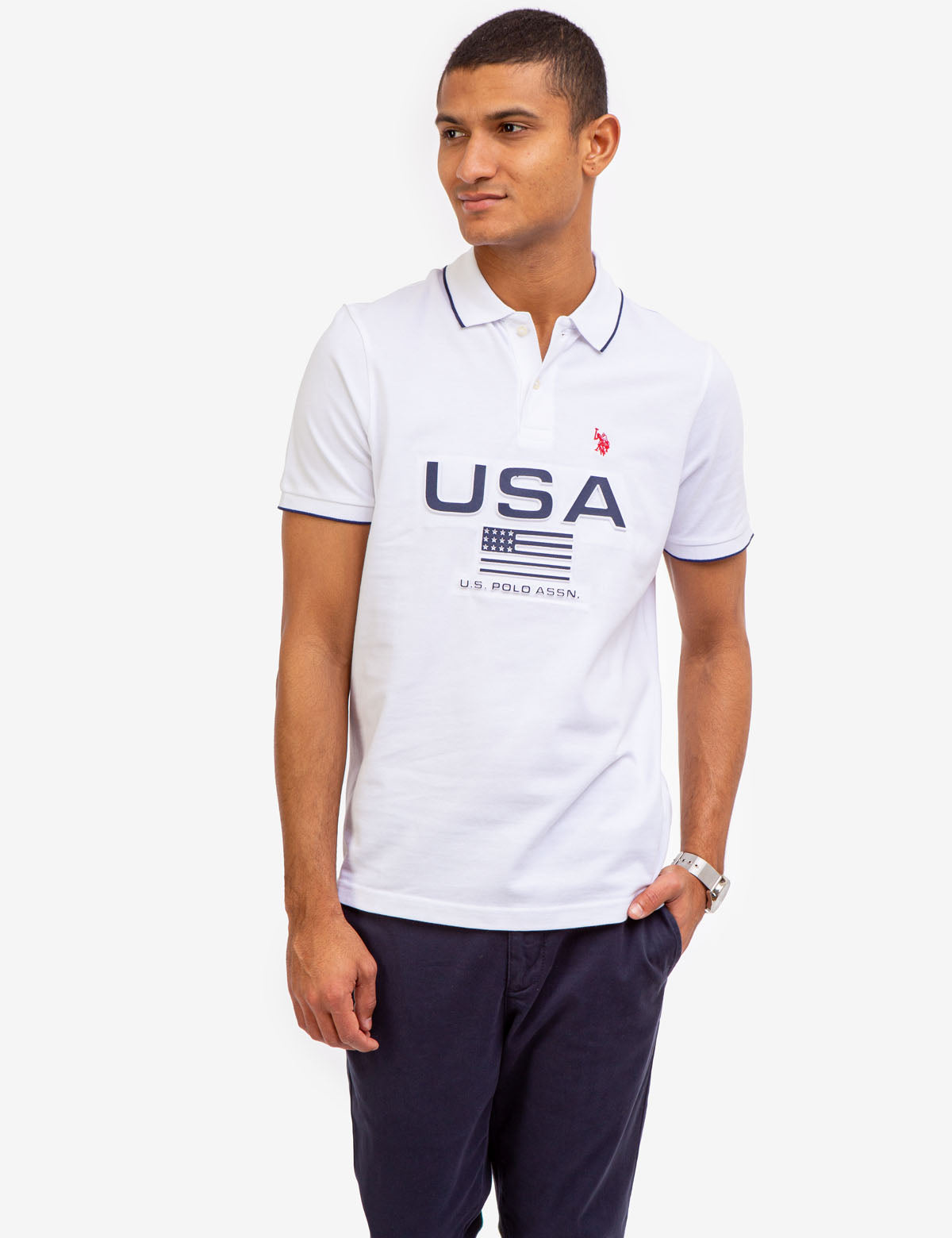 USA Flag Embossed Polo Shirt with Contrast Cuffs | Pique Cotton
