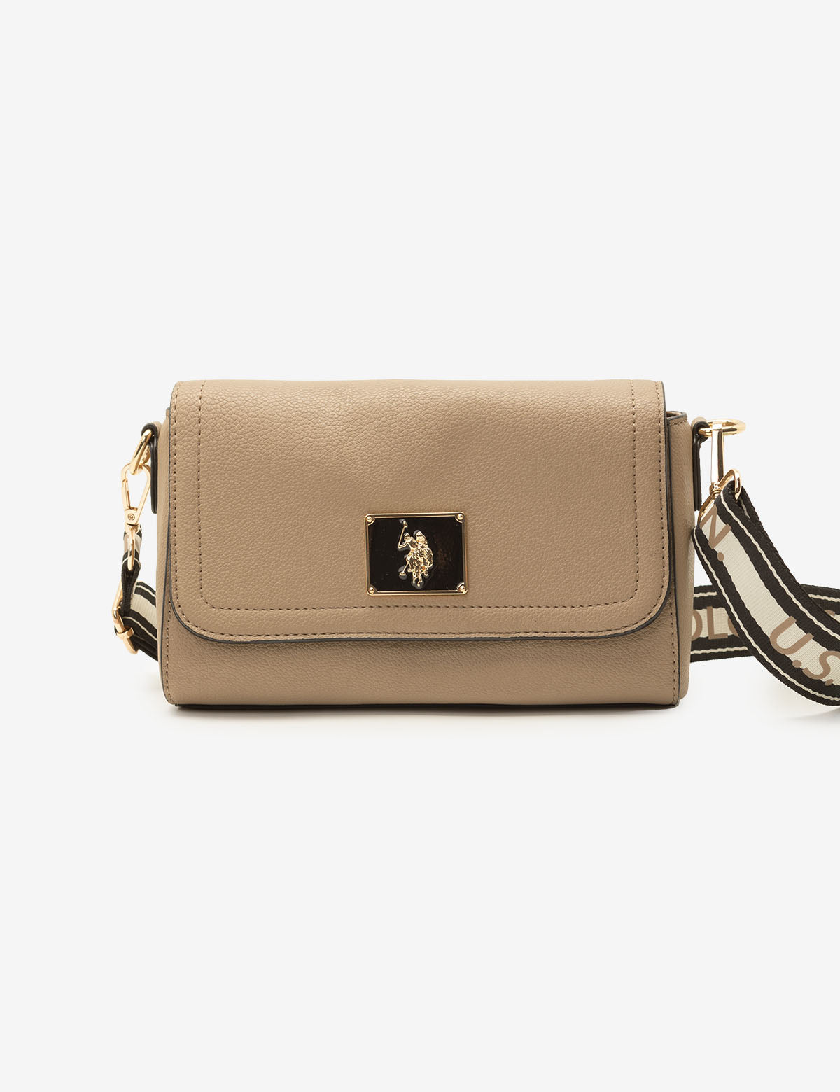 Luxury Enamel Crossbody Bag with Metal Logo & Adjustable Strap