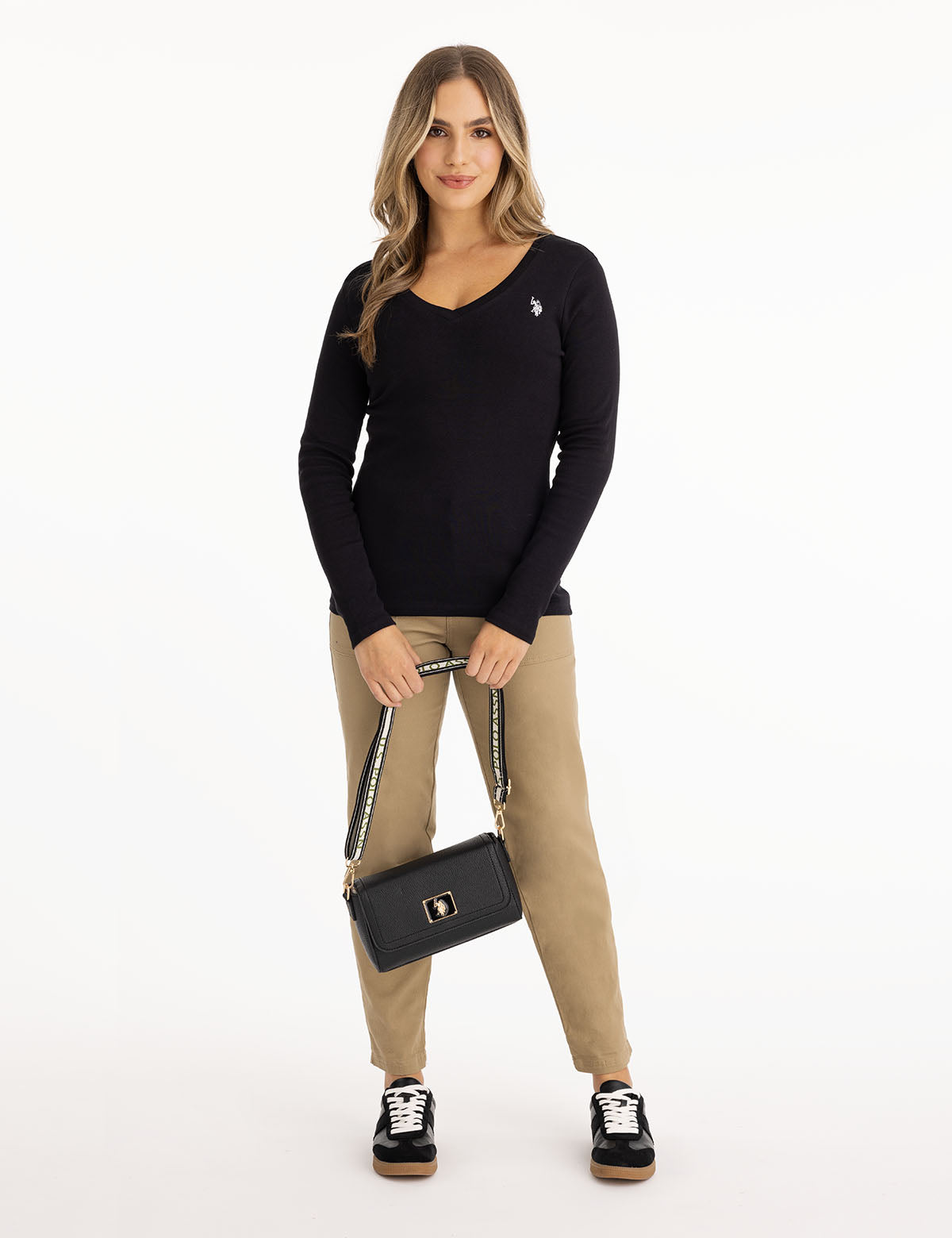 Luxury Enamel Crossbody Bag with Metal Logo & Adjustable Strap