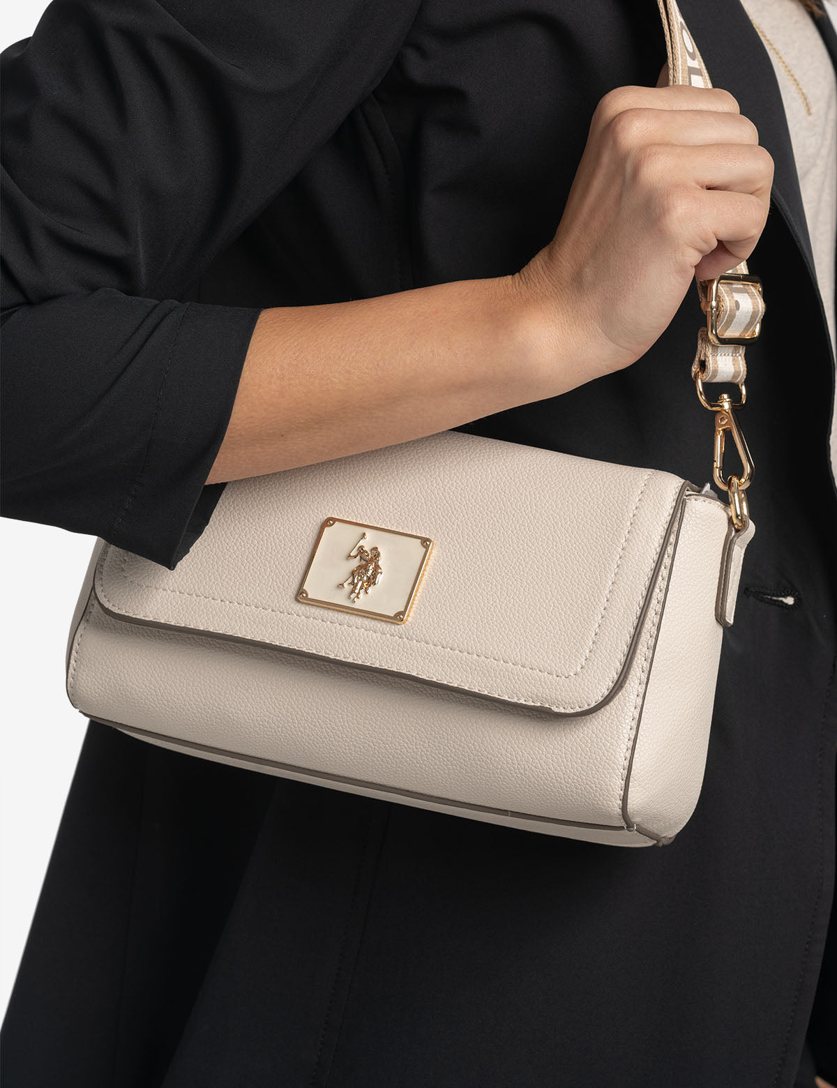Luxury Enamel Crossbody Bag with Metal Logo & Adjustable Strap