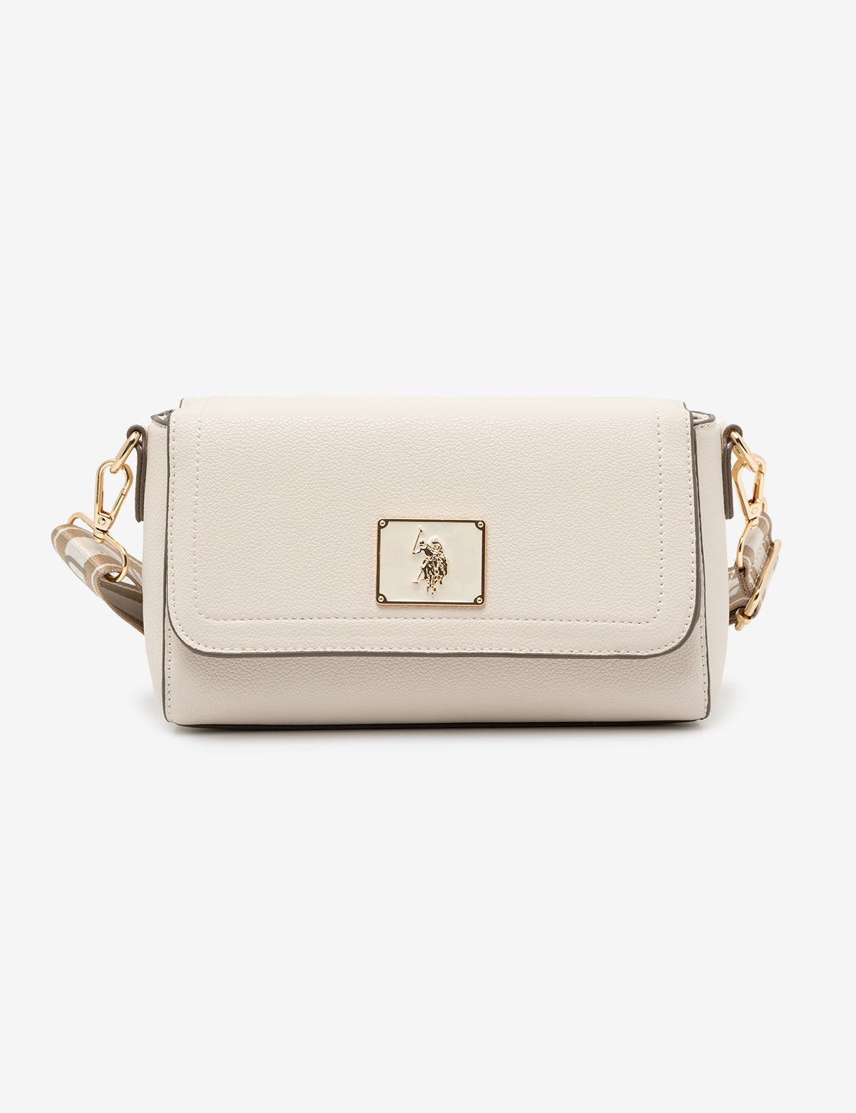 Luxury Enamel Crossbody Bag with Metal Logo & Adjustable Strap