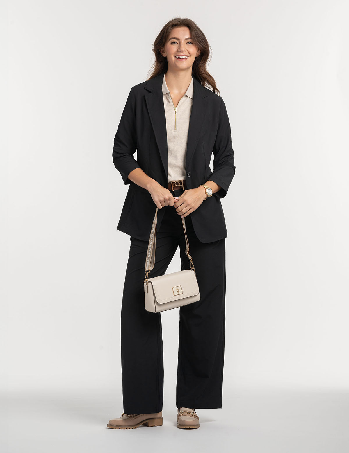 Luxury Enamel Crossbody Bag with Metal Logo & Adjustable Strap