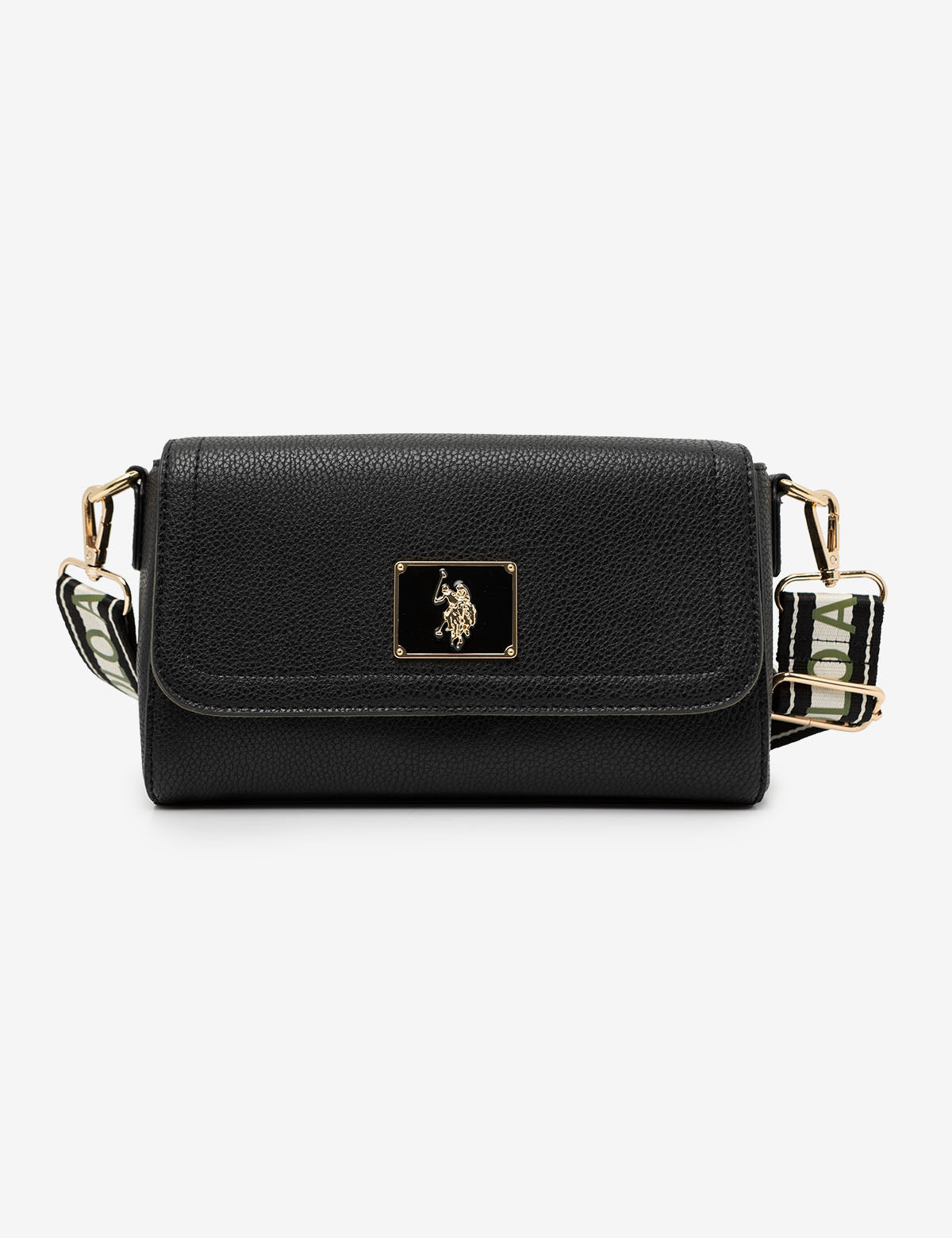 Luxury Enamel Crossbody Bag with Metal Logo & Adjustable Strap
