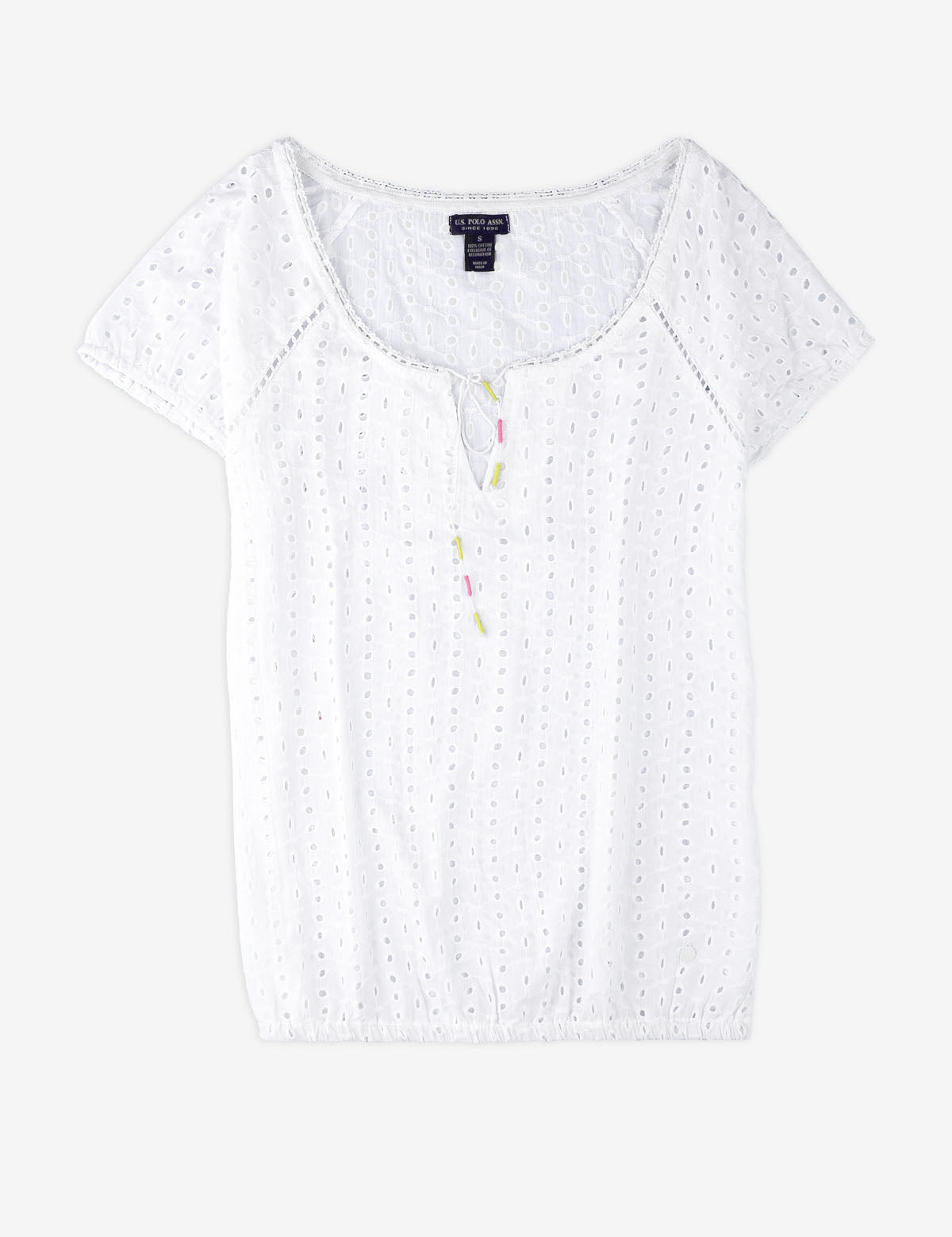Eyelet Peasant Blouse with Keyhole Neckline & Gathered Waist