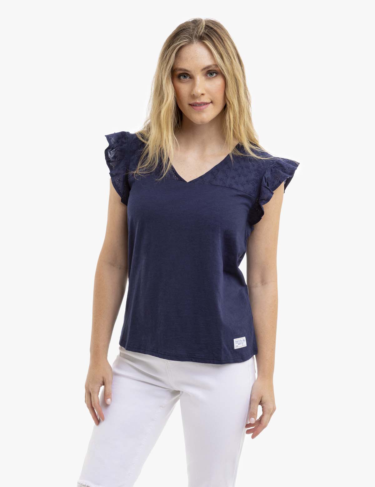 Flutter Sleeve Top with Eyelet Yoke Detail | Casual Women's Blouse