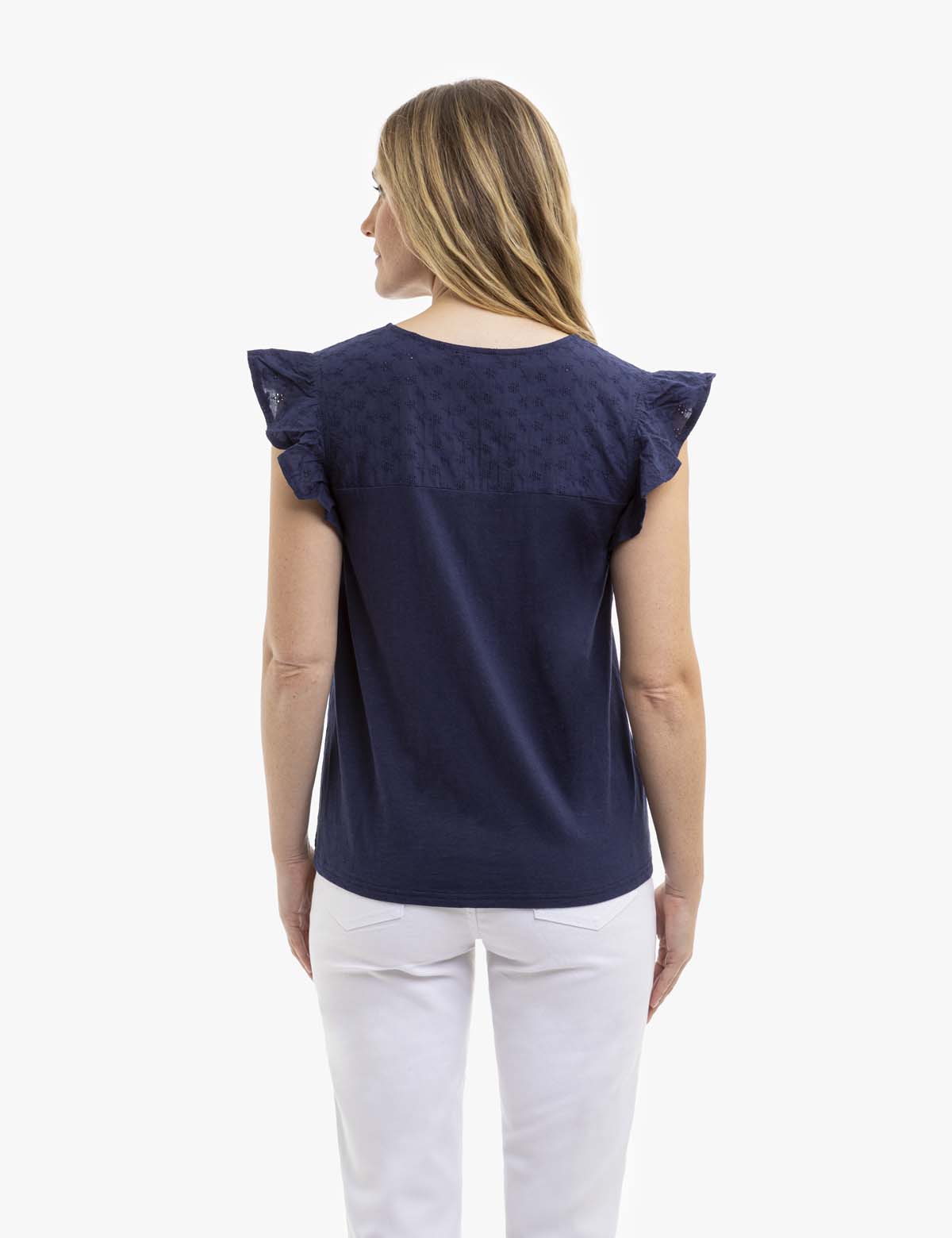 Flutter Sleeve Top with Eyelet Yoke Detail | Casual Women's Blouse